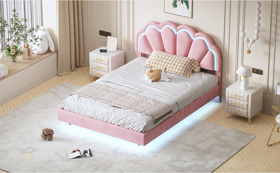 Full Upholstered Smart LED Bed Frame with Elegant Flowers Headboard,Floating Velvet Platform LED Bed with Wooden Slats Support,Pink - Atlantic Fine Furniture Melbourne FL