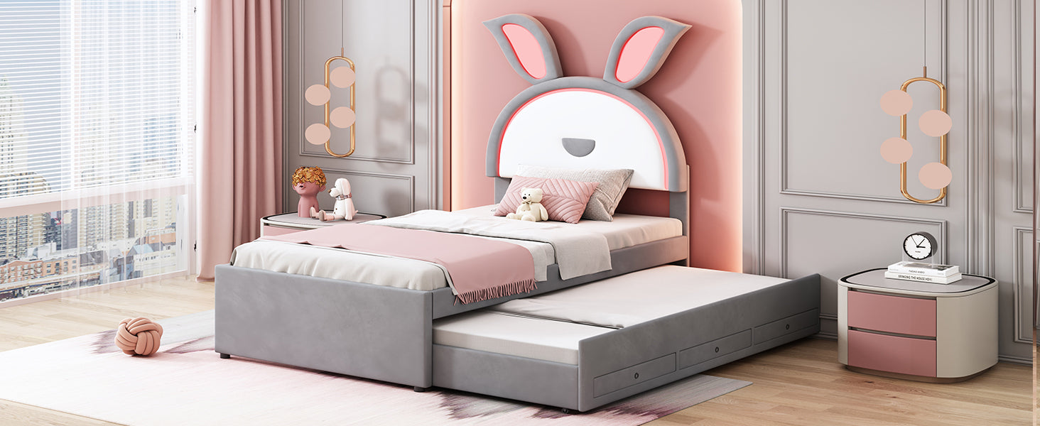 Twin Size Upholstered Platform Bed with Trundle and 3 Drawers, Rabbit-Shaped Headboard with Embedded LED Lights, Gray - Atlantic Fine Furniture Melbourne FL