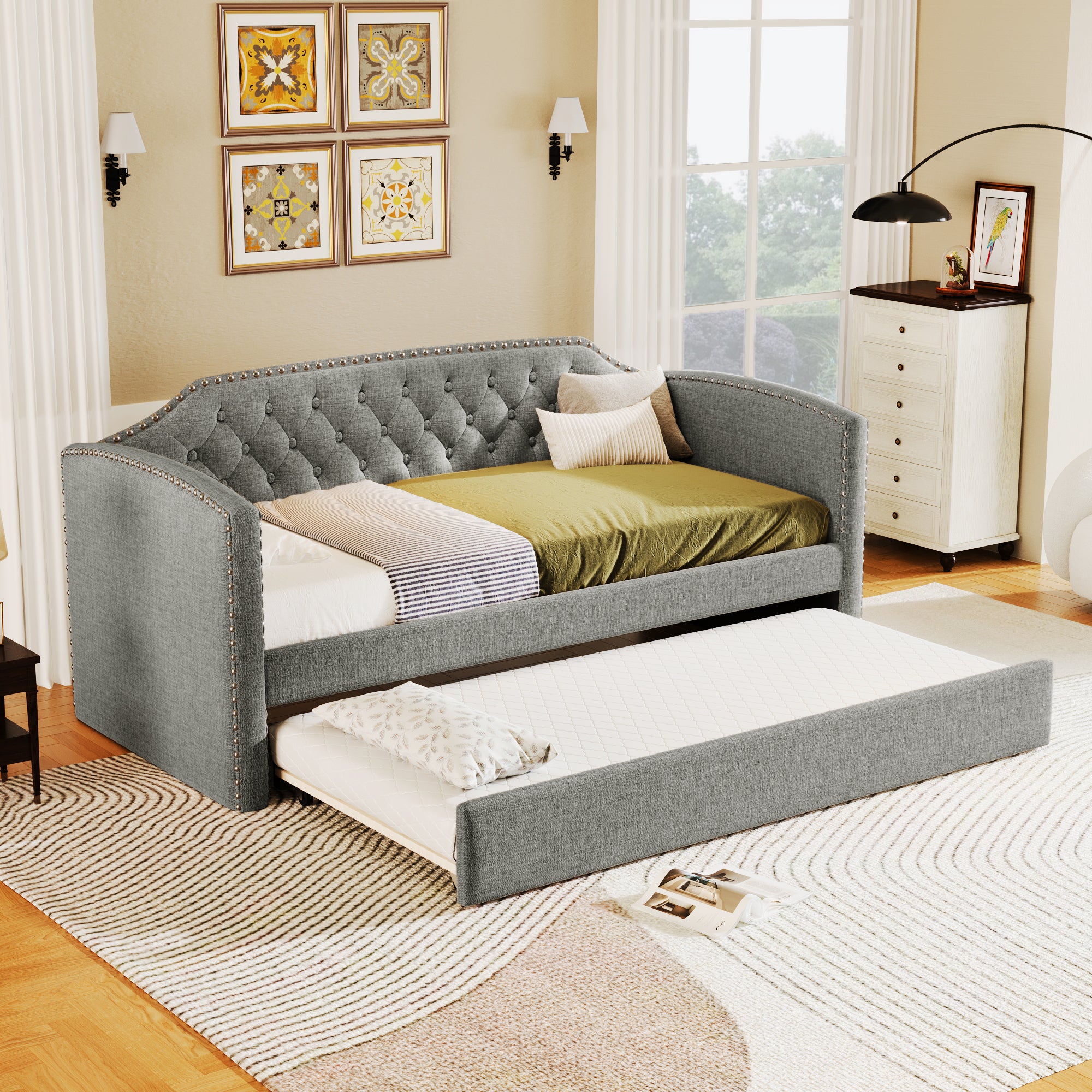 Twin Size Upholstered Daybed with Trundle for Guest Room, Small Bedroom, Study Room, Gray - Atlantic Fine Furniture Melbourne FL
