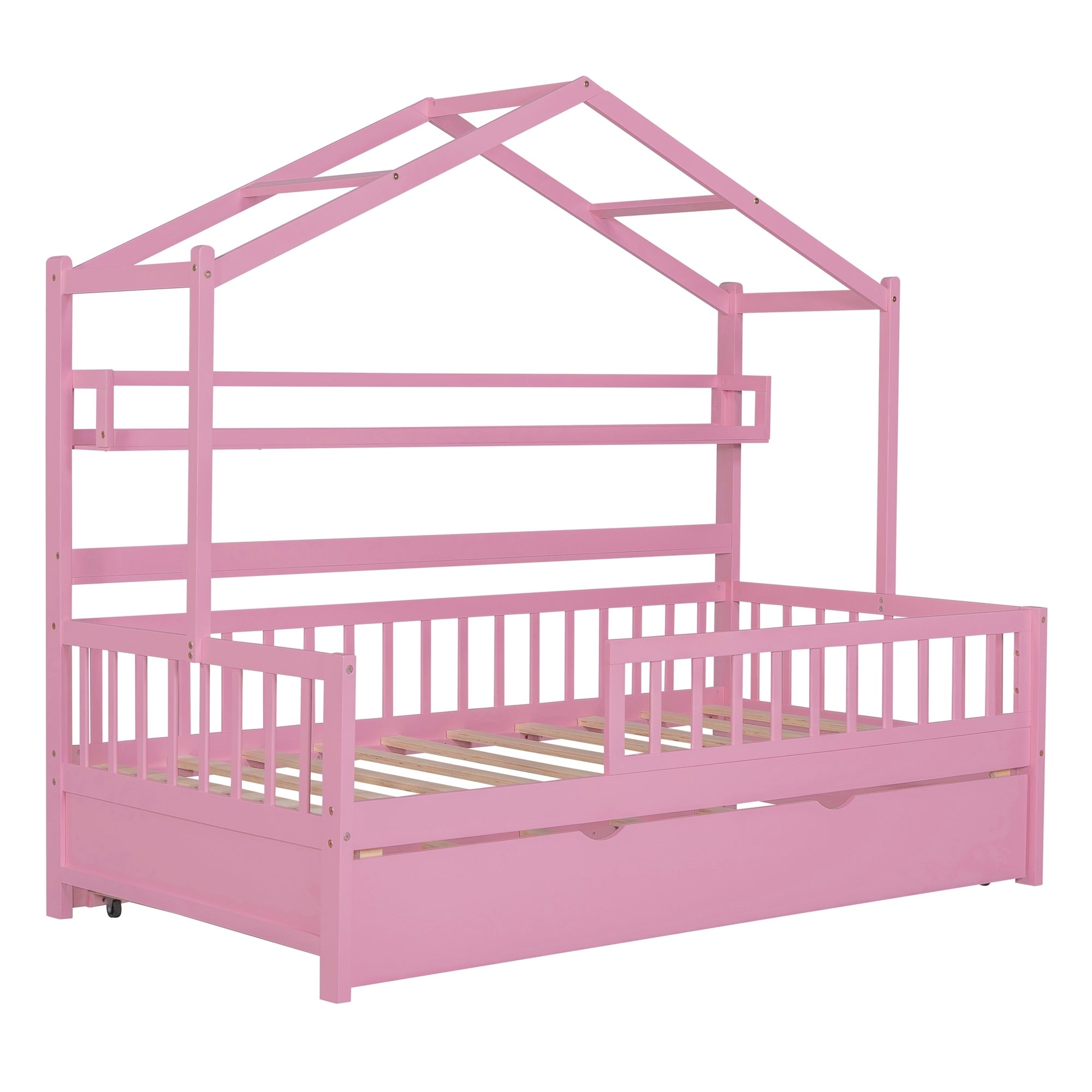 Wooden Twin Size House Bed with Trundle,Kids Bed with Shelf, Pink - Atlantic Fine Furniture Melbourne FL