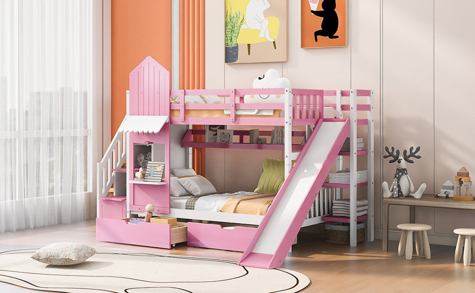 Twin-Over-Twin Castle Style Bunk Bed with 2 Drawers 3 Shelves and Slide - Pink - Atlantic Fine Furniture Melbourne FL