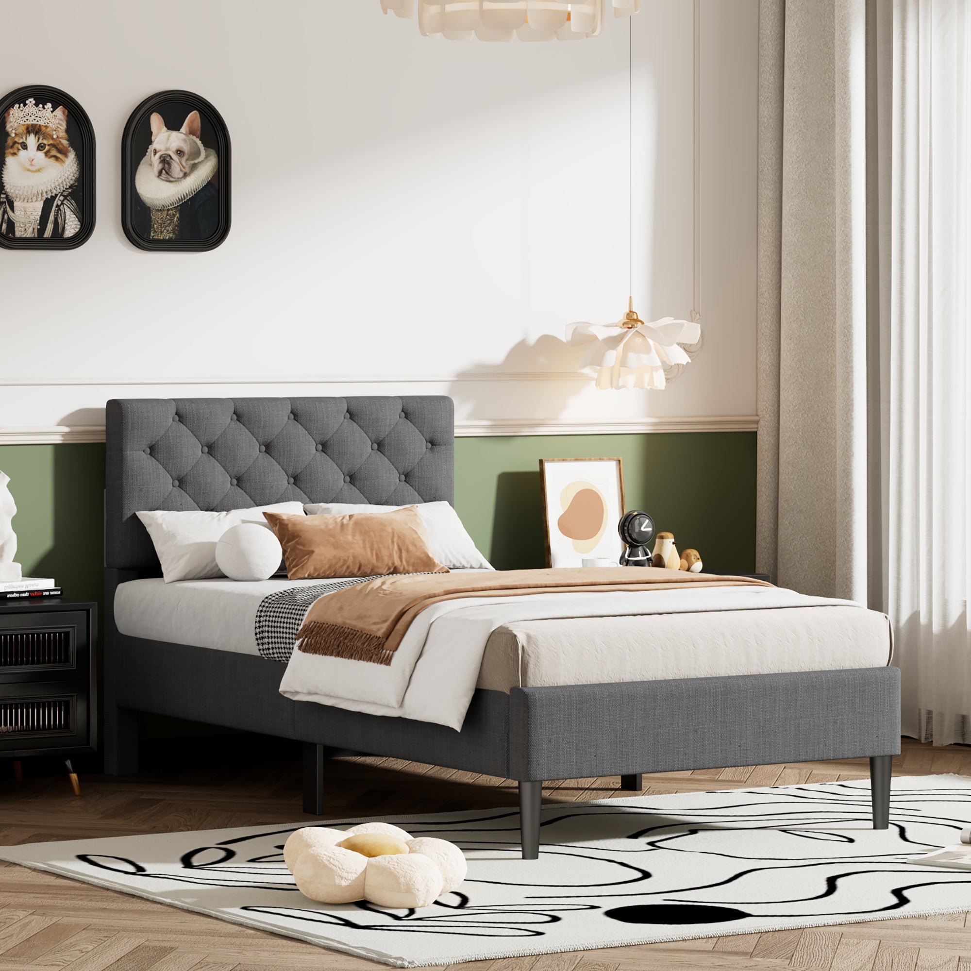 Upholstered Linen Platform Bed, Twin Size, Gray - Atlantic Fine Furniture Melbourne FL