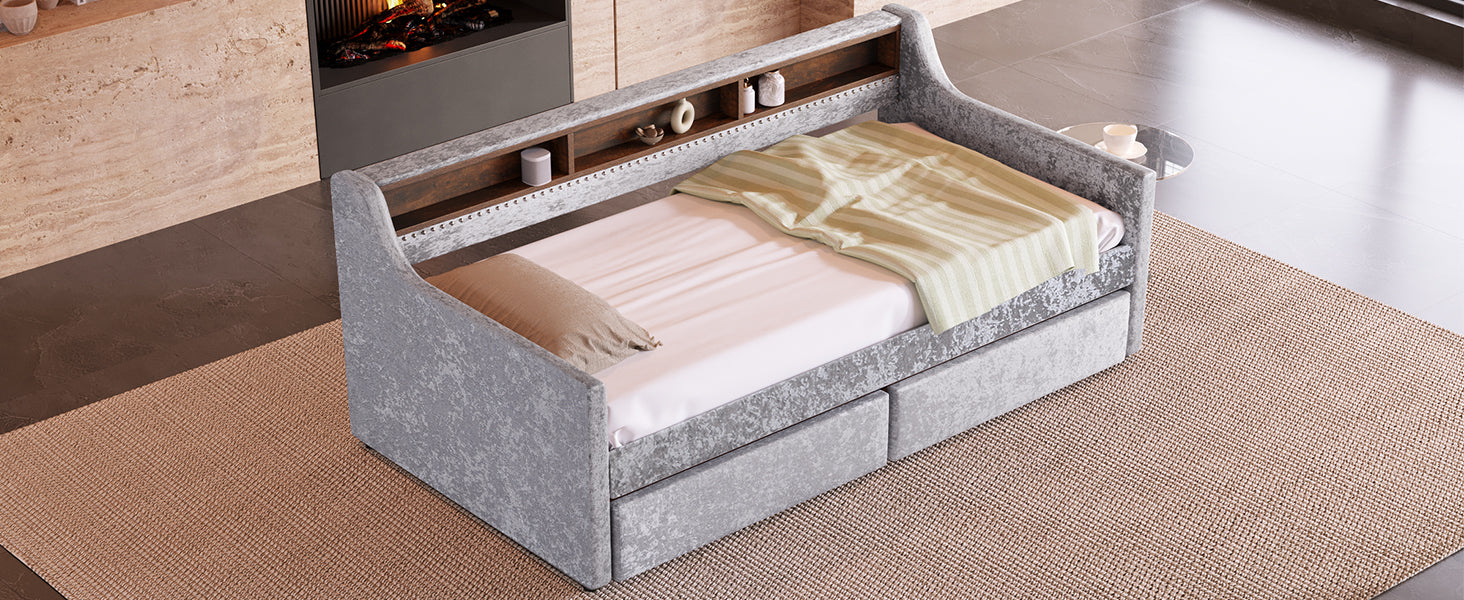 Twin Size Snowflake Velvet Daybed with Two Storage Drawers and Built-in Storage Shelves,Gray - Atlantic Fine Furniture Melbourne FL
