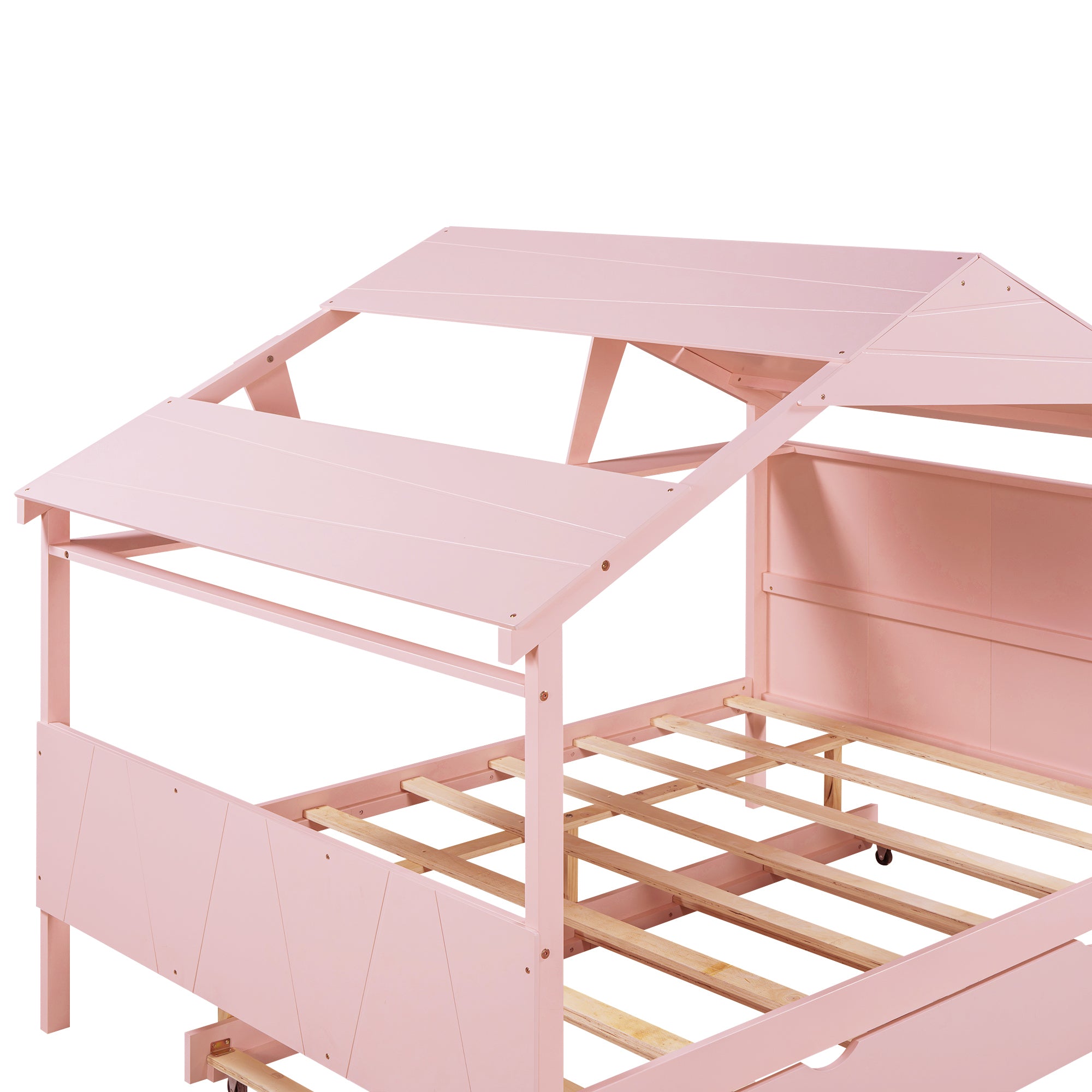 Wood Full Size House Bed with Twin Size Trundle and Storage, Pink - Atlantic Fine Furniture Melbourne FL