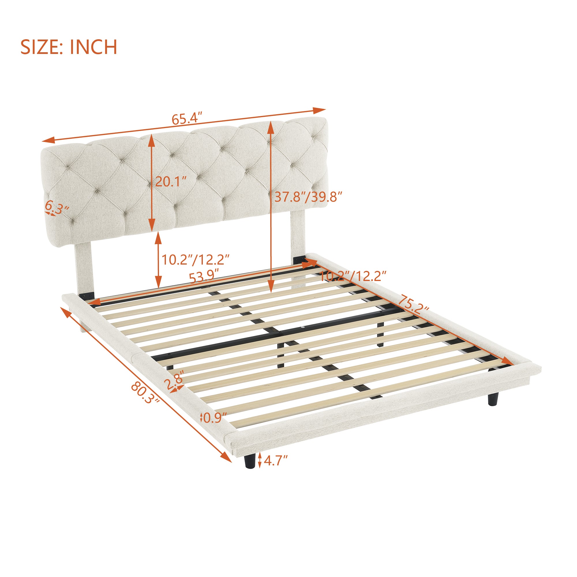 Full Size Upholstered Bed with Light Stripe, Floating Platform Bed, Linen Fabric,Beige - Atlantic Fine Furniture Melbourne FL