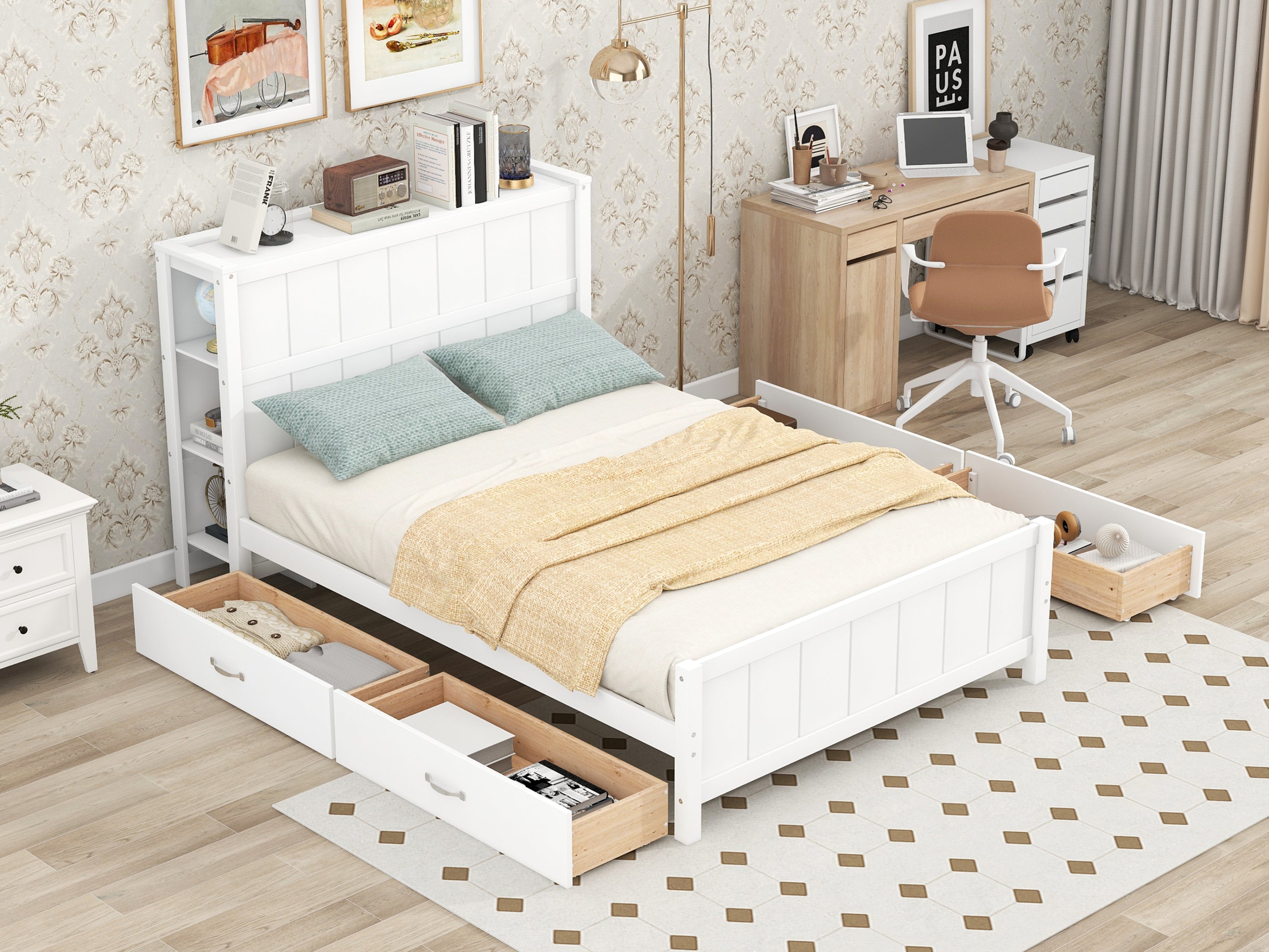 Full Size Platform Bed with Drawers and Storage Shelves, White