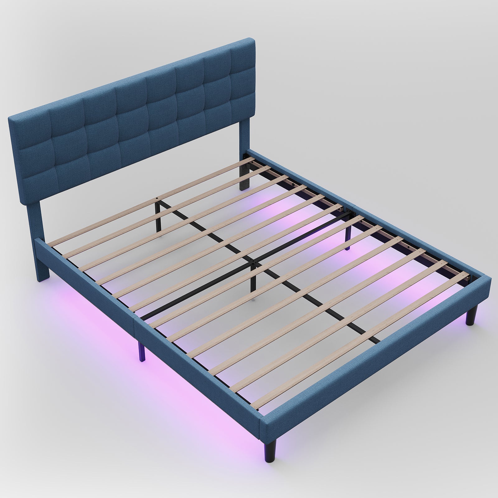Queen Size Upholstered Platform Bed Linen Bed Frame with Lights Square Stitched Adjustable Headboard Strong Bed Slats System No Box Spring Needed Blue - Atlantic Fine Furniture Melbourne FL