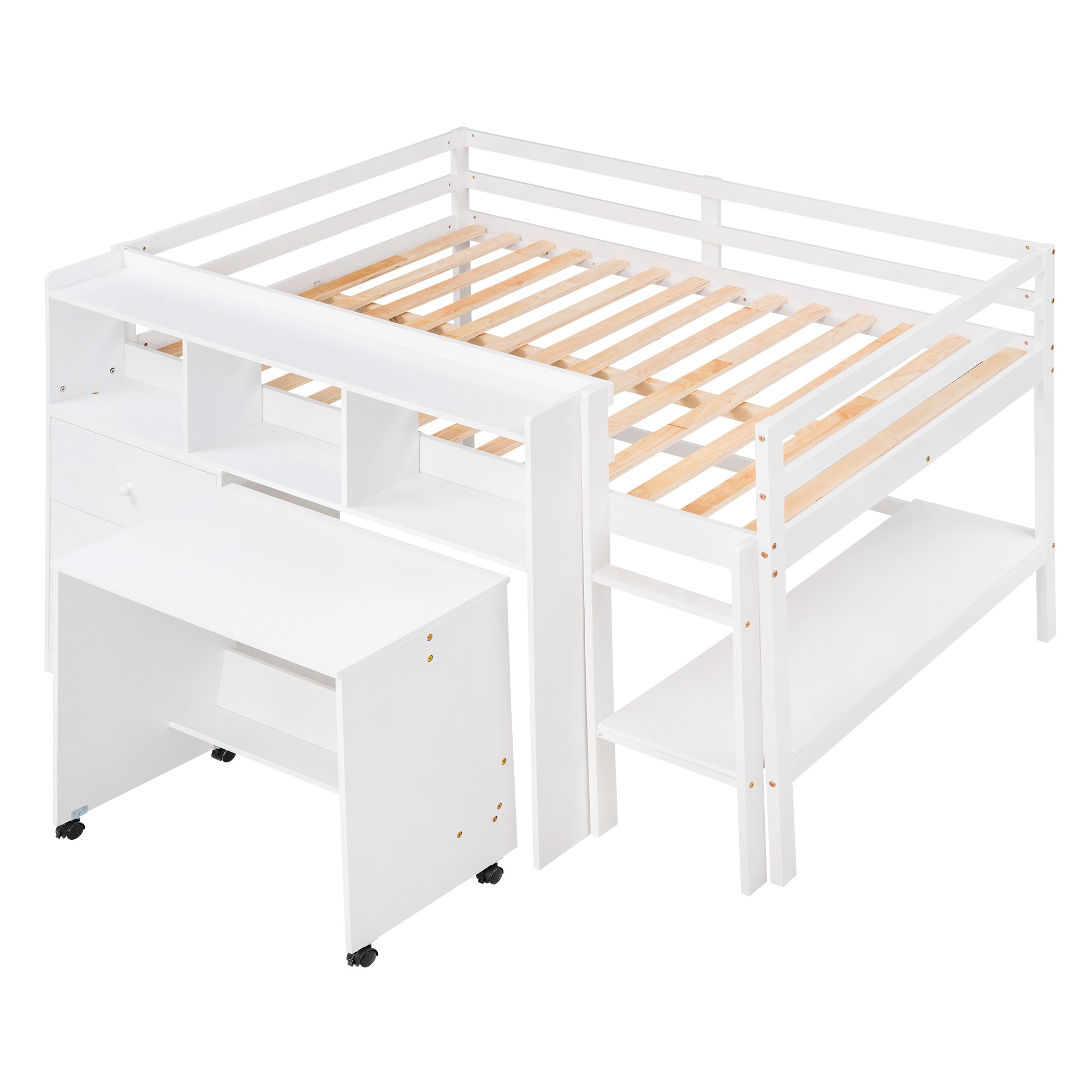 Full Size Low Loft Bed with Rolling Portable Desk, Drawers and Shelves, White(Old SKU: GX000711AAK)