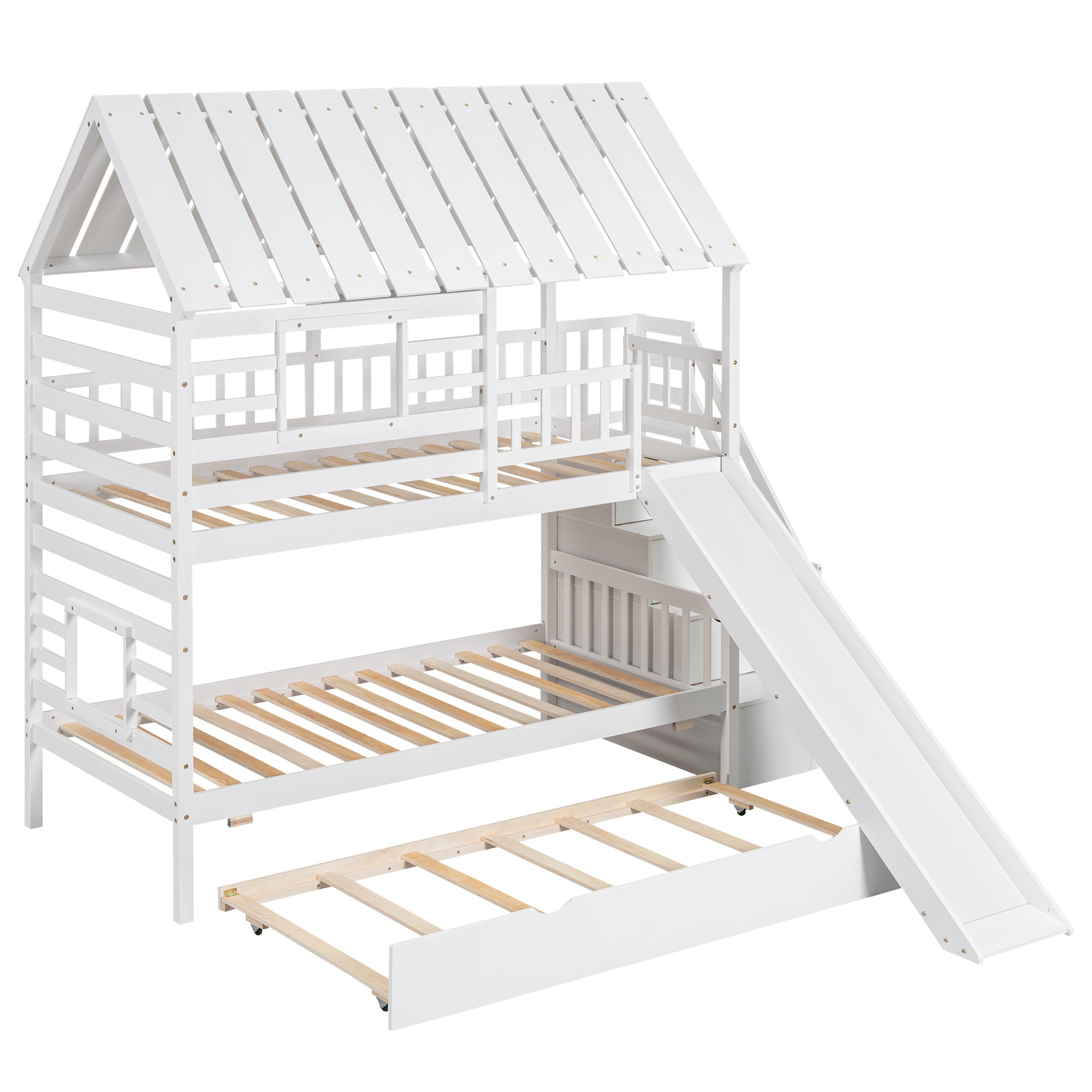 Twin over Twin House Bunk Bed with Trundle and Slide, Storage Staircase, Roof and Window Design, White(Old SKU: GX000931AAK) - Atlantic Fine Furniture Melbourne FL