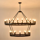 2 Tiers Wagon Wheel Chandelier Wooden Farmhouse 36 Light (24 / 12) Or (12 / 24) Metal Chandeliers 2 Story Light Fixtures Industrial For High Ceiling Living Dining Room Foyer, Adjustable Height - Black