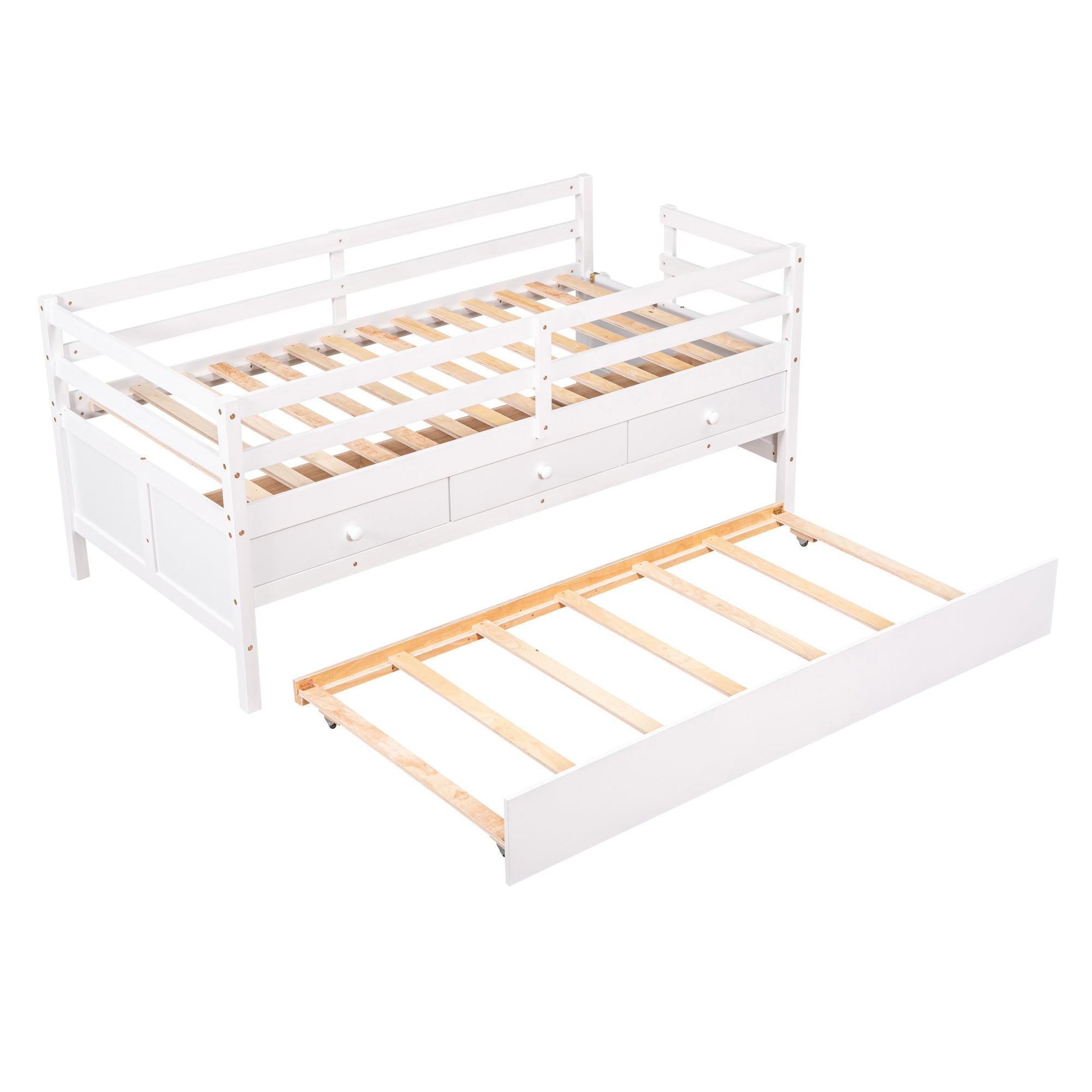 Low Loft Bed Twin Size with Full Safety Fence, Climbing ladder, Storage Drawers and Trundle White Solid Wood Bed - Atlantic Fine Furniture Melbourne FL