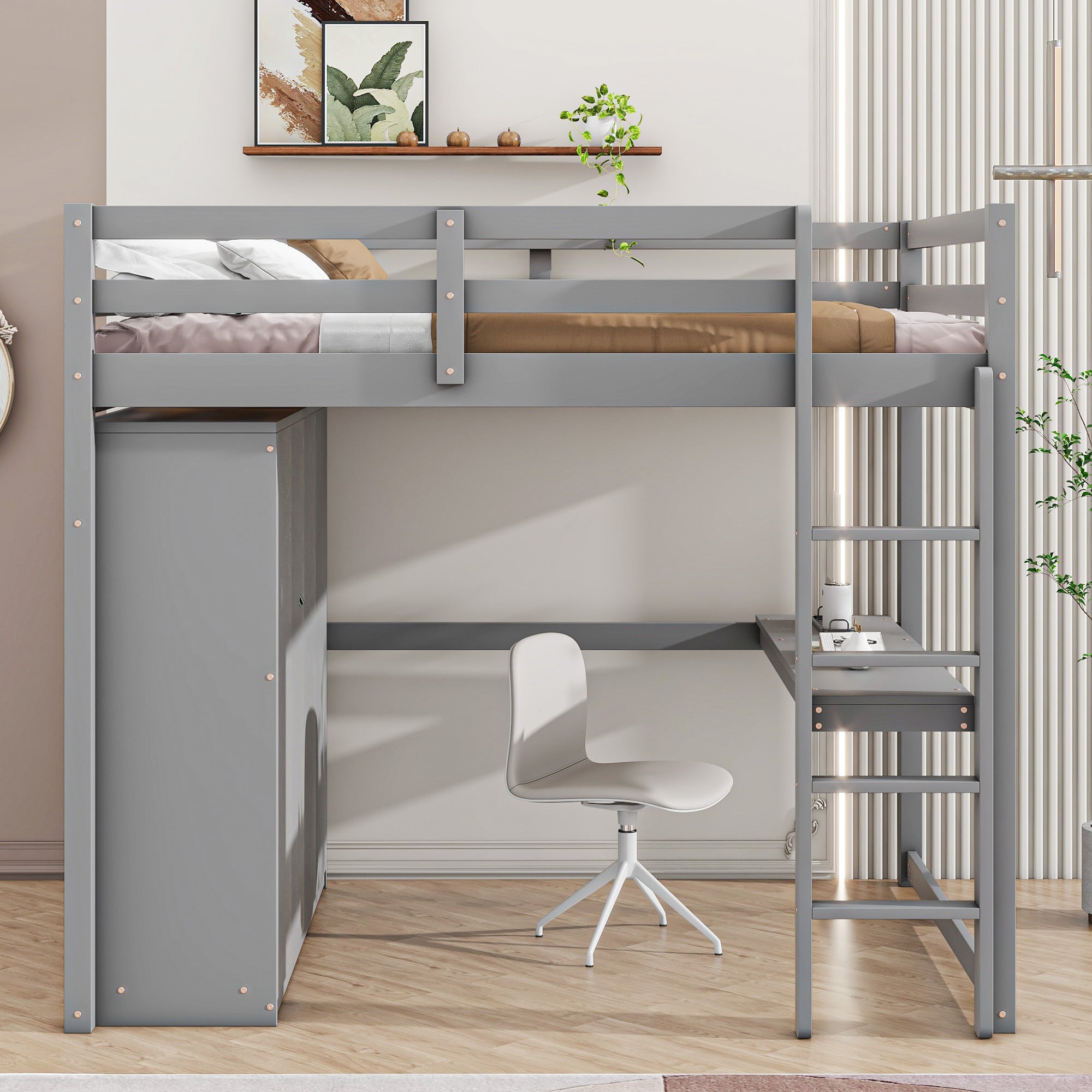 Wood Full Size Loft Bed with Built-in Wardrobe, Desk, Storage Shelves and Drawers, Gray - Atlantic Fine Furniture Melbourne FL