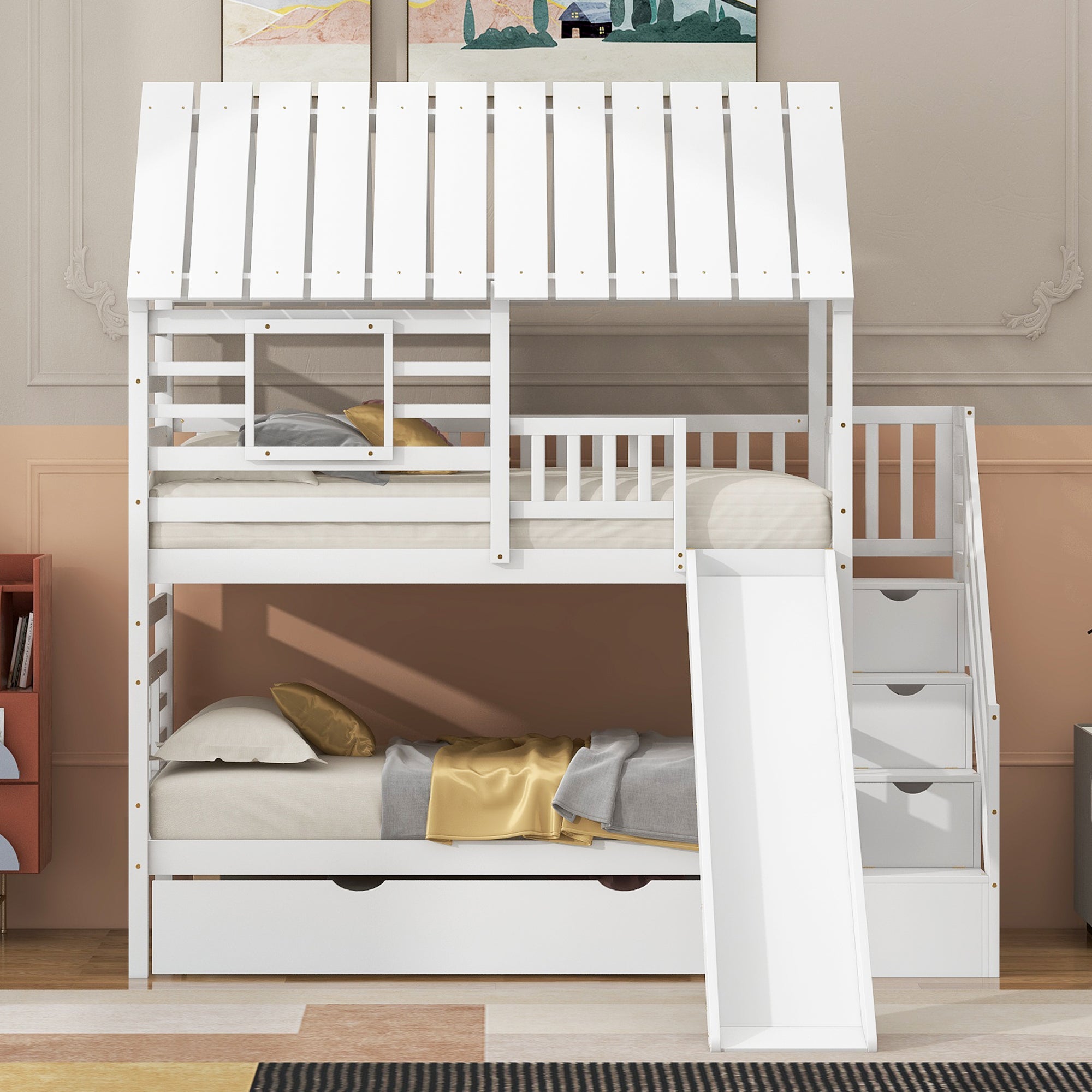 Twin over Twin House Bunk Bed with Trundle and Slide, Storage Staircase, Roof and Window Design, White(Old SKU: GX000931AAK) - Atlantic Fine Furniture Melbourne FL