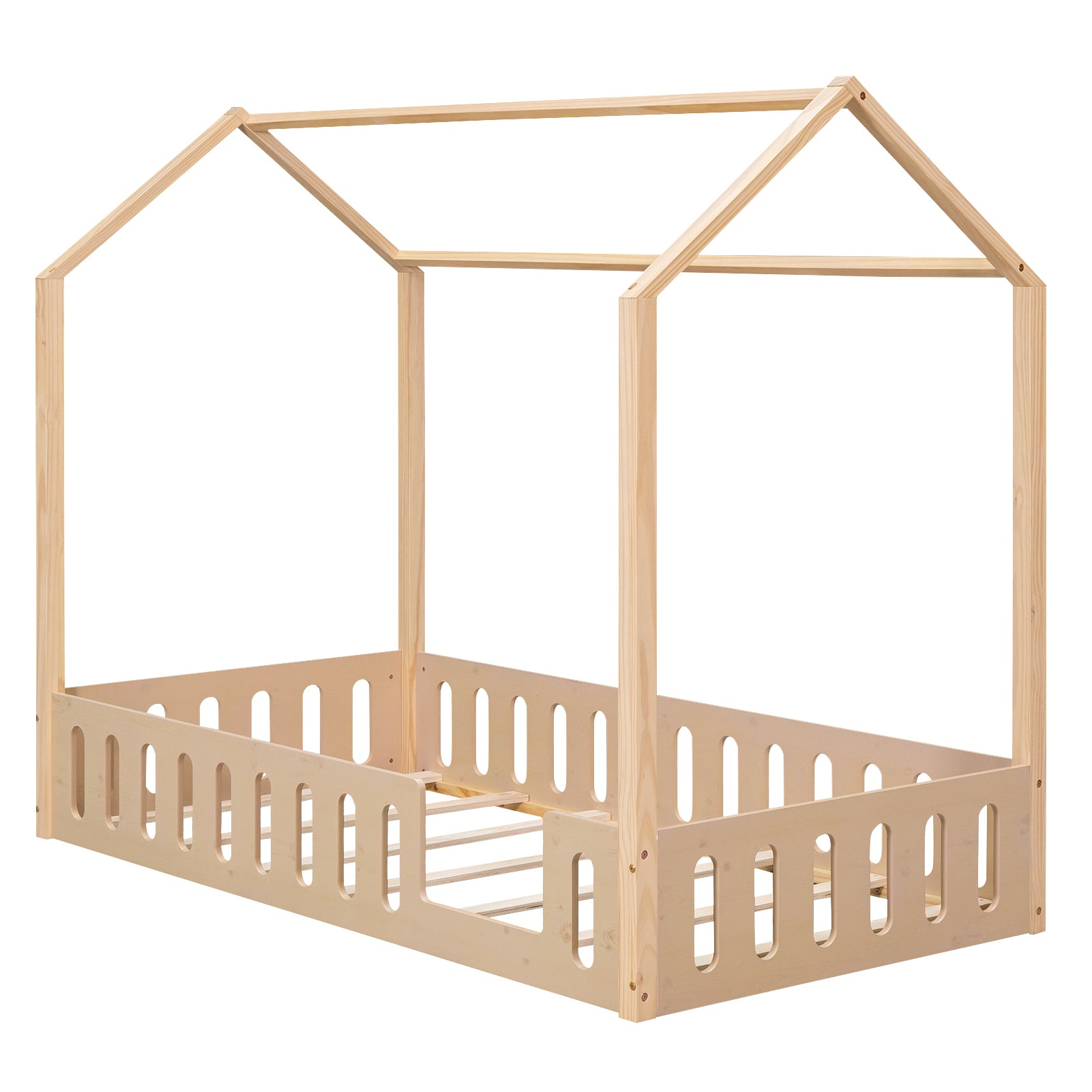 Twin Size Wood House Bed with Fence and Detachable Storage Shelves, Natural - Atlantic Fine Furniture Melbourne FL