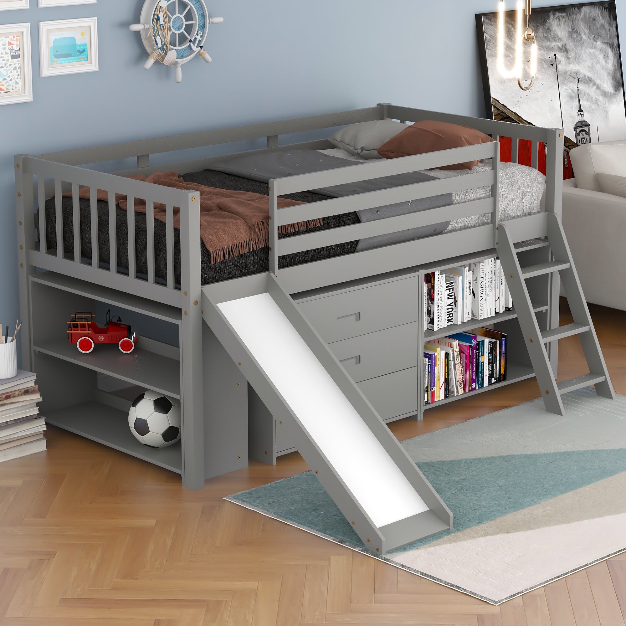 Low Loft Bed with Attached Bookcases and Separate 3-tier Drawers,Convertible Ladder and Slide,Twin,Gray - Atlantic Fine Furniture Melbourne FL