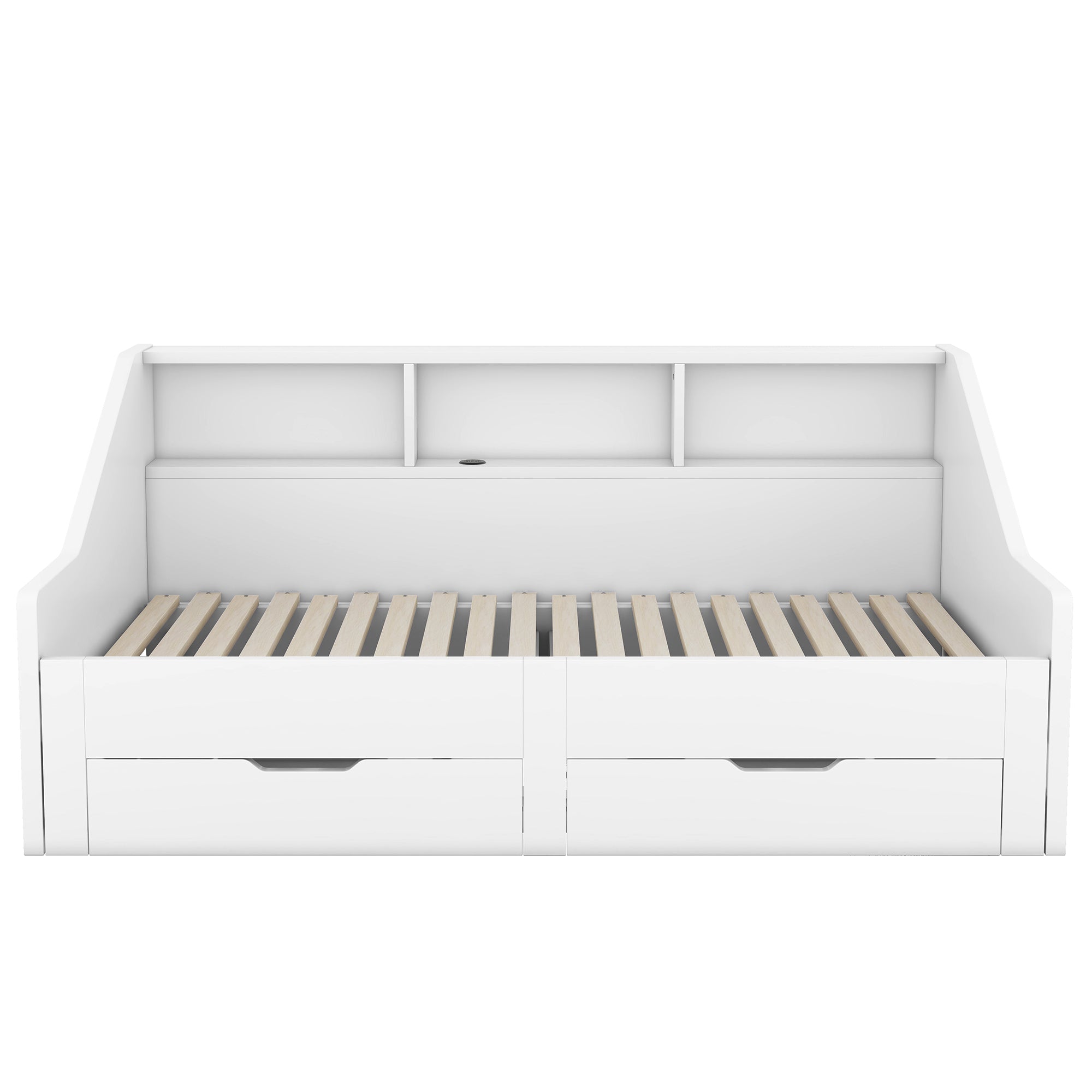 Twin to King Size Daybed Frame with Storage Bookcases and Two Drawers,Charging Design,White - Atlantic Fine Furniture Melbourne FL