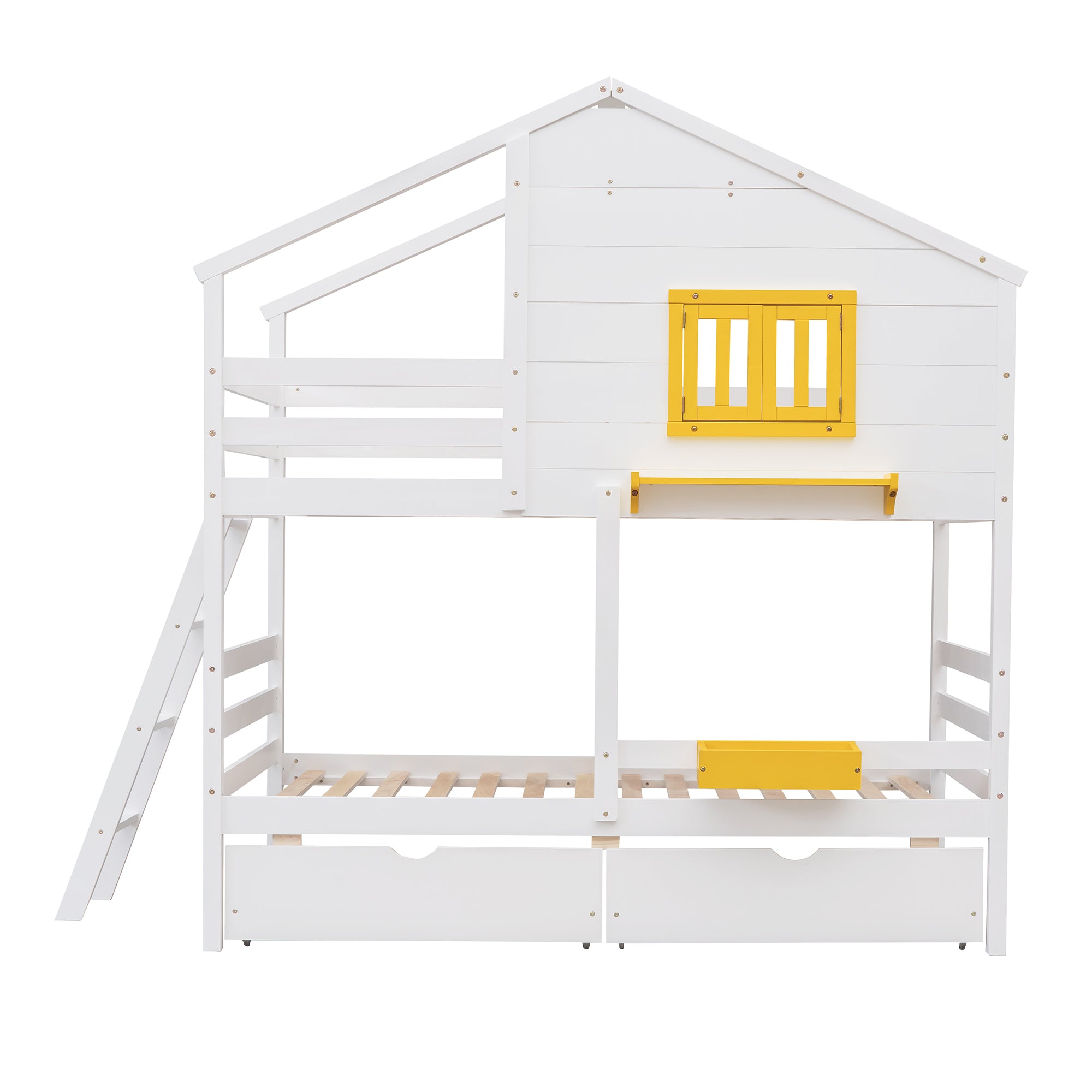 Twin over Twin Bunk Bed with 2 Drawers, 1 Storage Box, 1 Shelf, Window and Roof-White(OLD SKU:LT000608AAK) - Atlantic Fine Furniture Melbourne FL