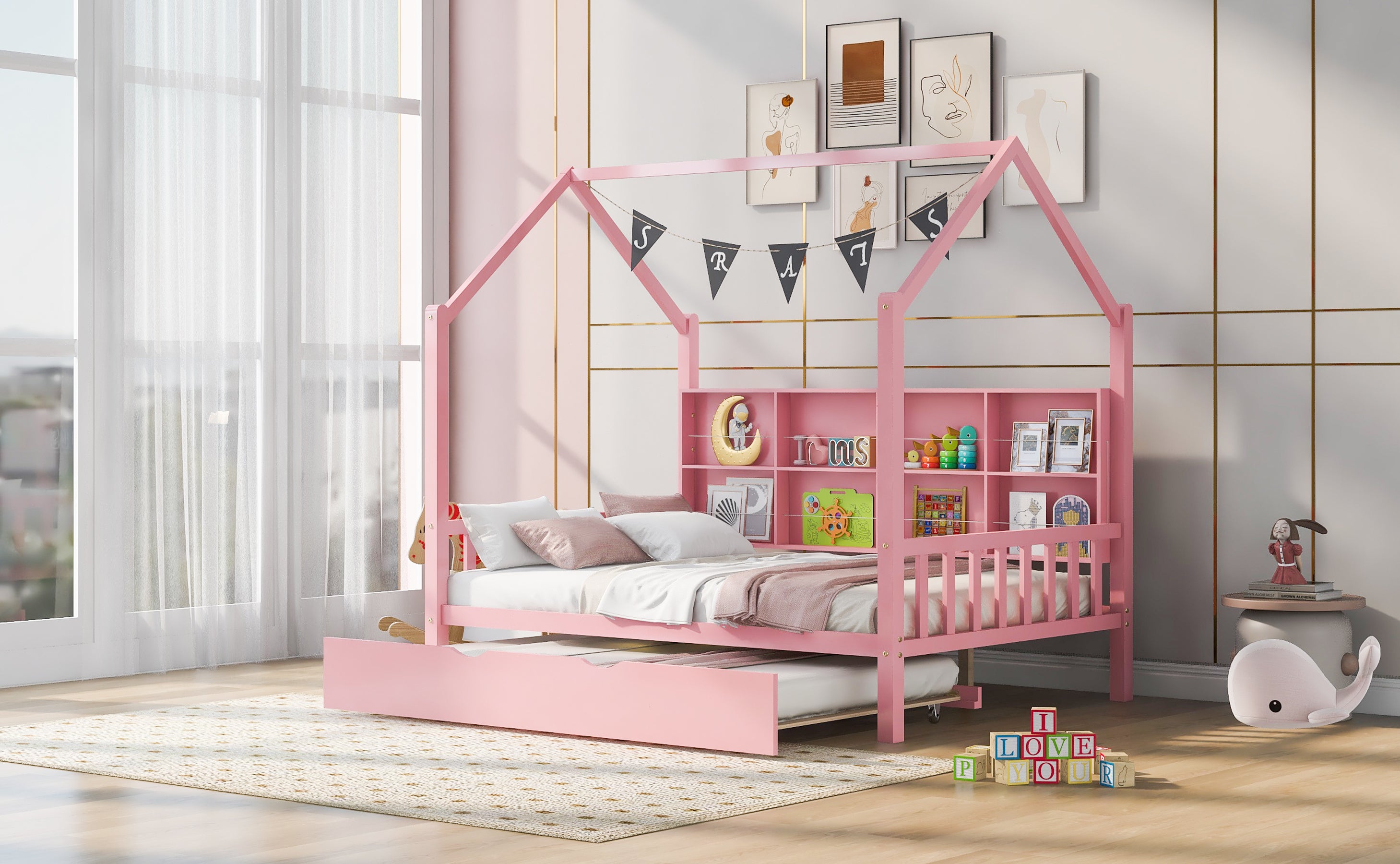 Wooden Full Size House Bed with Trundle,Kids Bed with Shelf,Pink - Atlantic Fine Furniture Melbourne FL