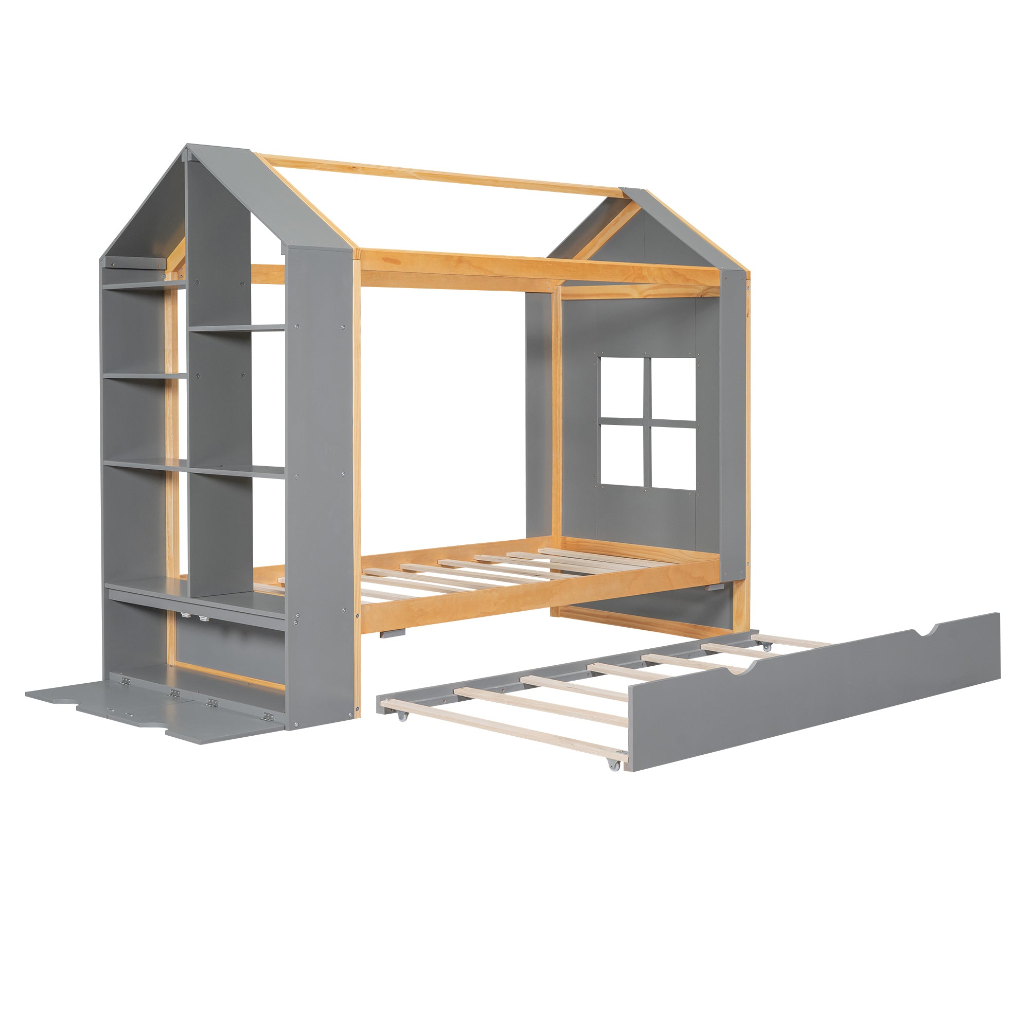 Twin Size House Platform Bed with Storage Shelves and Twin Size Trundle, Grey - Atlantic Fine Furniture Melbourne FL