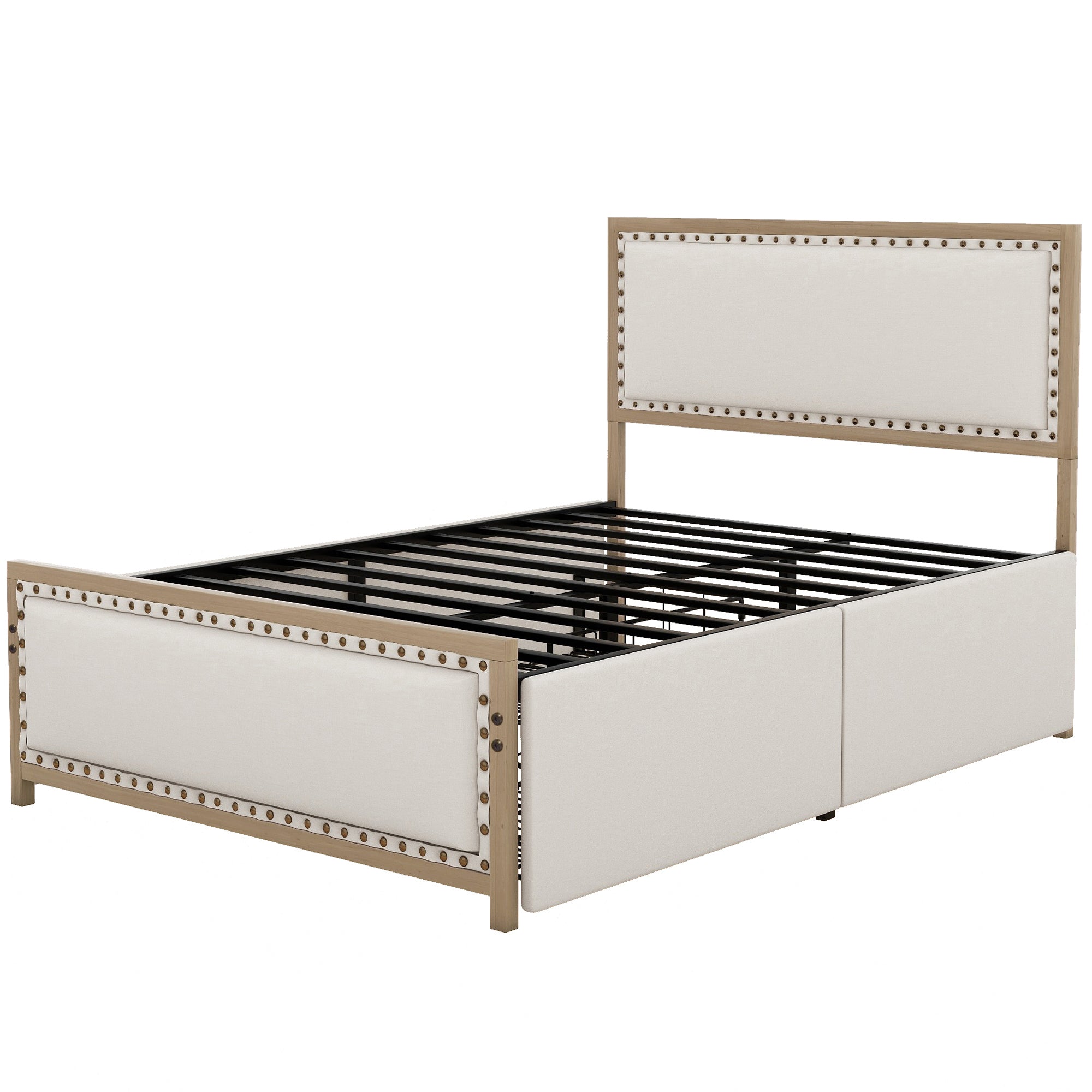 Full Size Upholstered Platform Bed with Nailhead Decoration and 4 Drawers, Brown - Atlantic Fine Furniture Melbourne FL