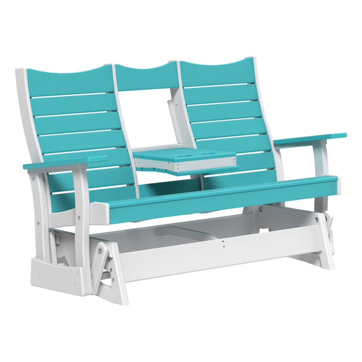 LuxCraft 5' Contour Poly Glider in Aruba Blue and White with fold-down center console