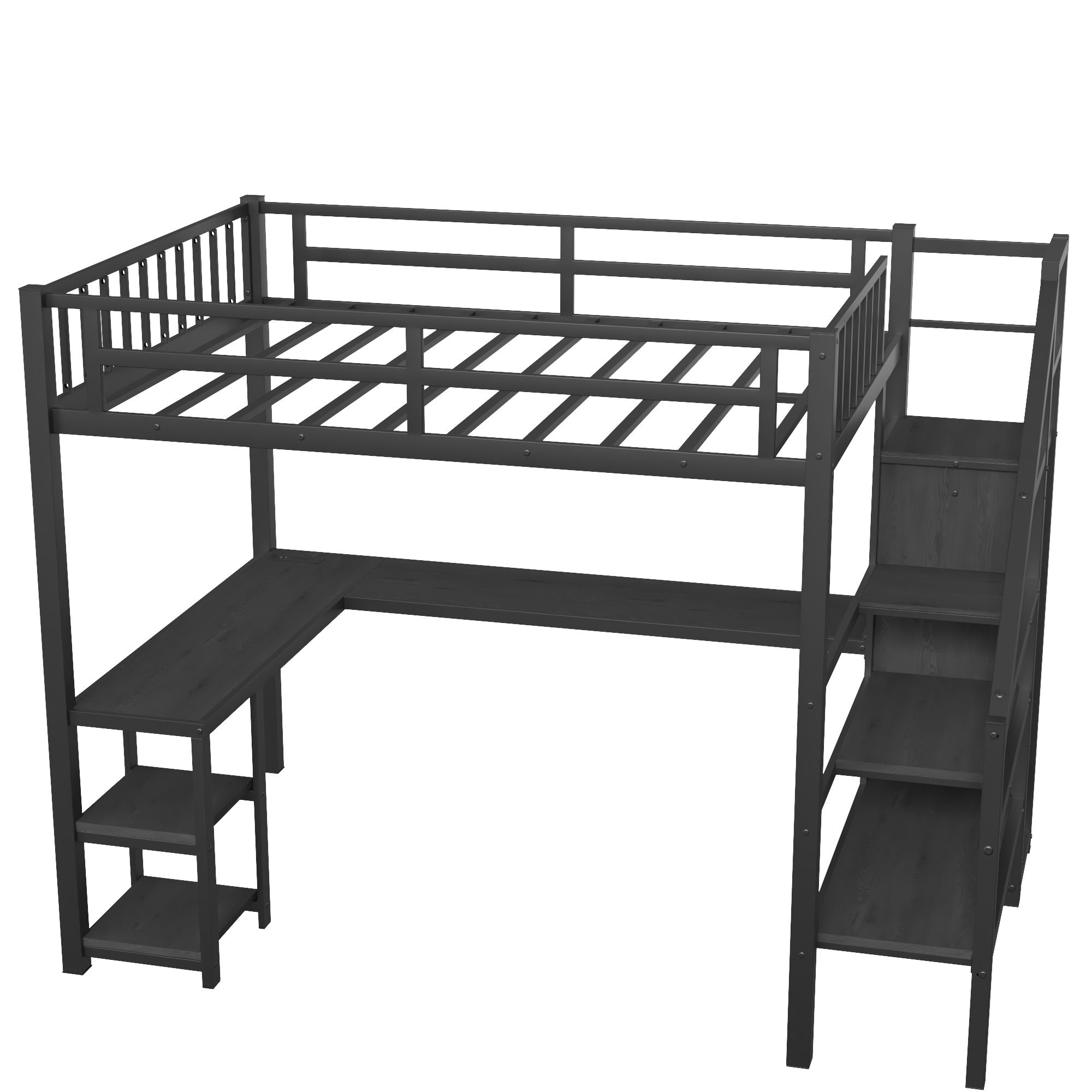Metal Full Loft Bed with Wardrobe and LED Light, Full Size Loft Bed with L Shaped Desk and USB for Kids Teens Adults, Black (Expect arrival date 2024/5/19)