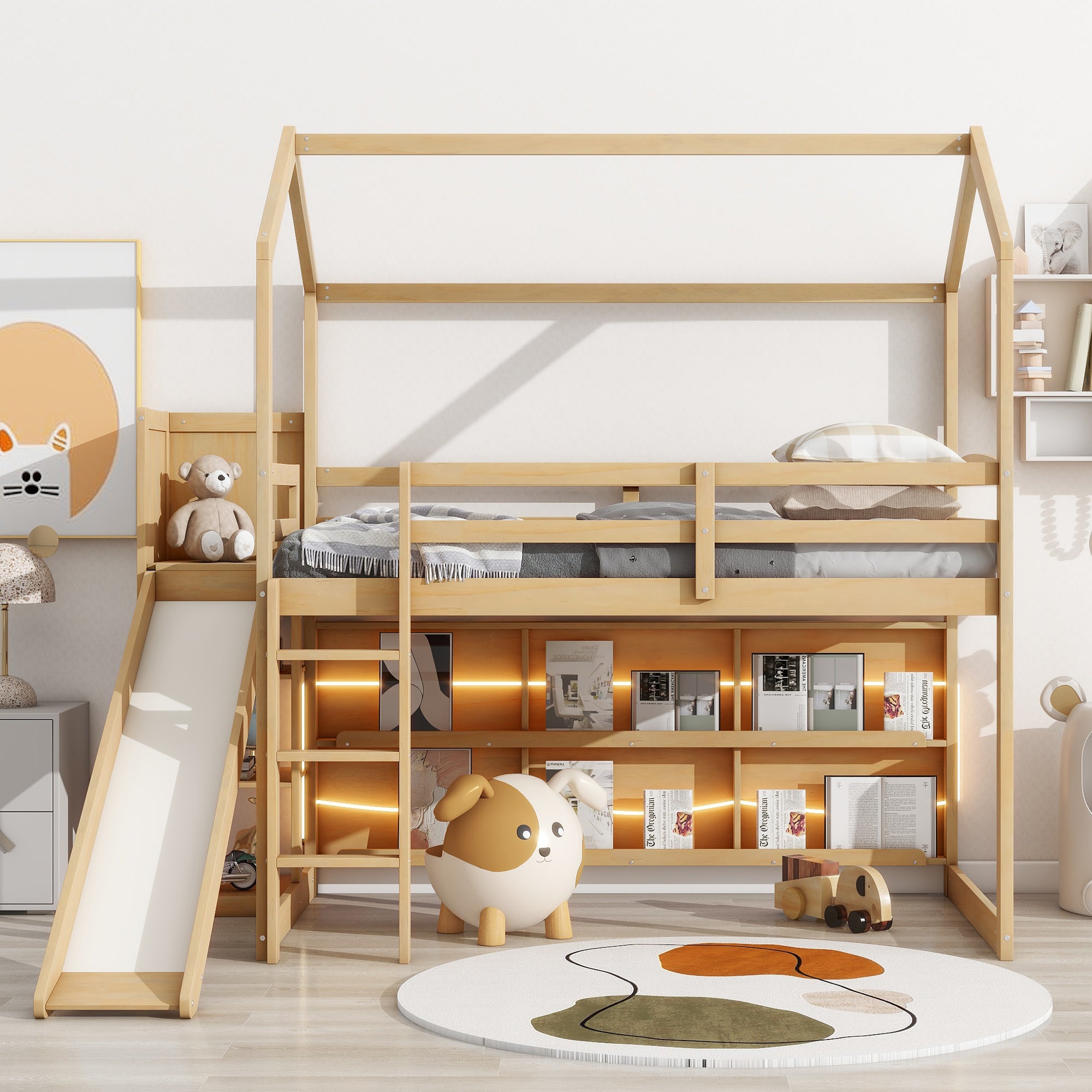 Twin Size Wood House Loft bed with Slide, Storage shelves and Light, Climbing Ramp, Wood Color - Atlantic Fine Furniture Melbourne FL