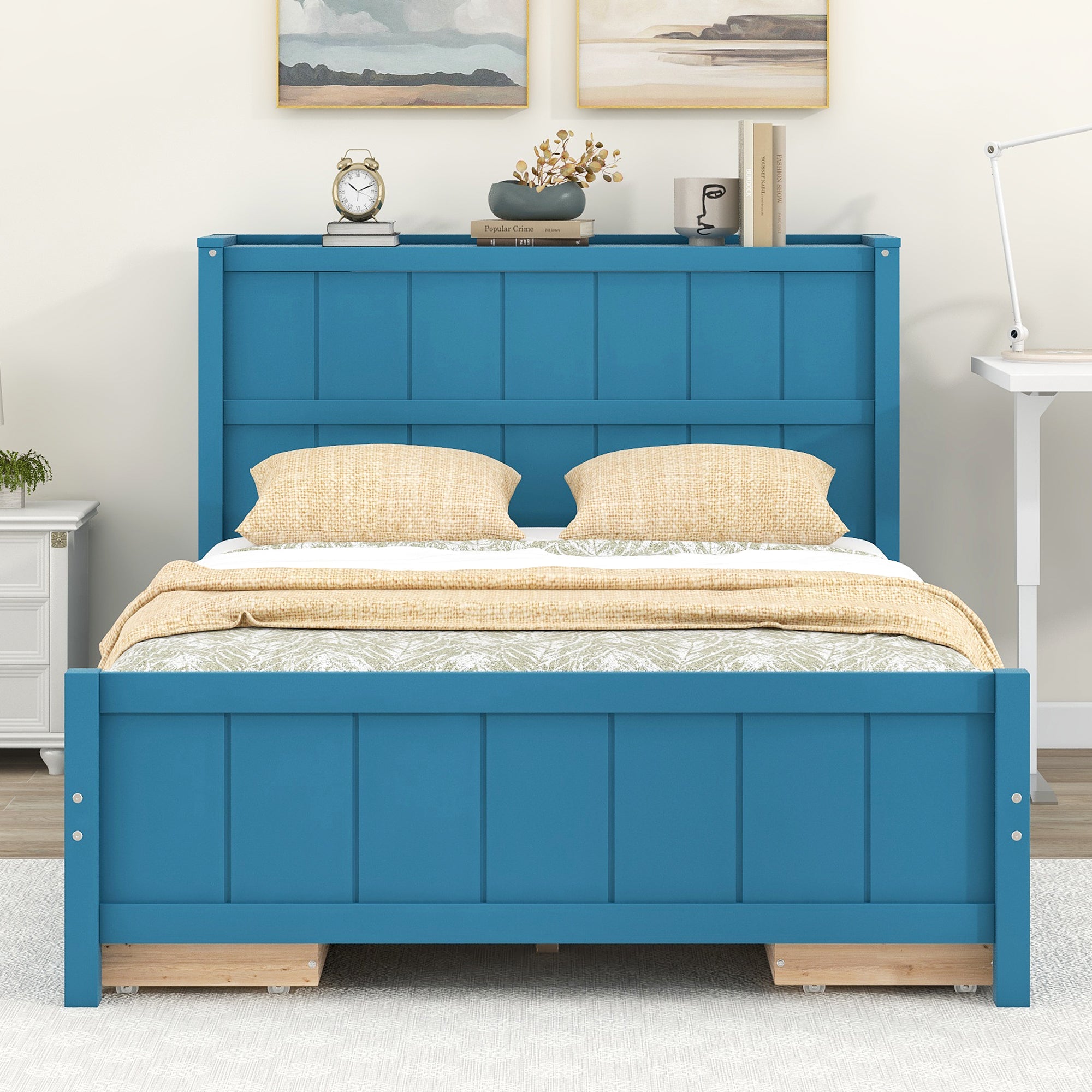 Full Size Platform Bed with Drawers and Storage Shelves, Blue - Atlantic Fine Furniture Melbourne FL