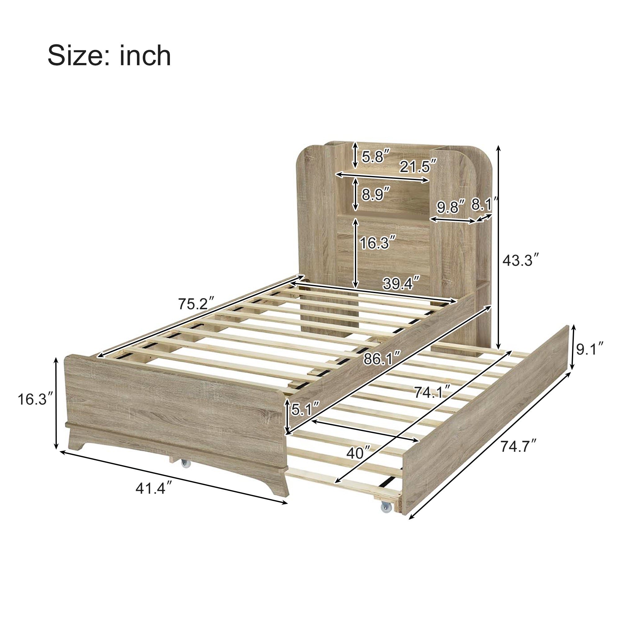 Twin Size Storage Platform Bed Frame with with Trundle and Light Strip Design in Headboard,Natural - Atlantic Fine Furniture Melbourne FL