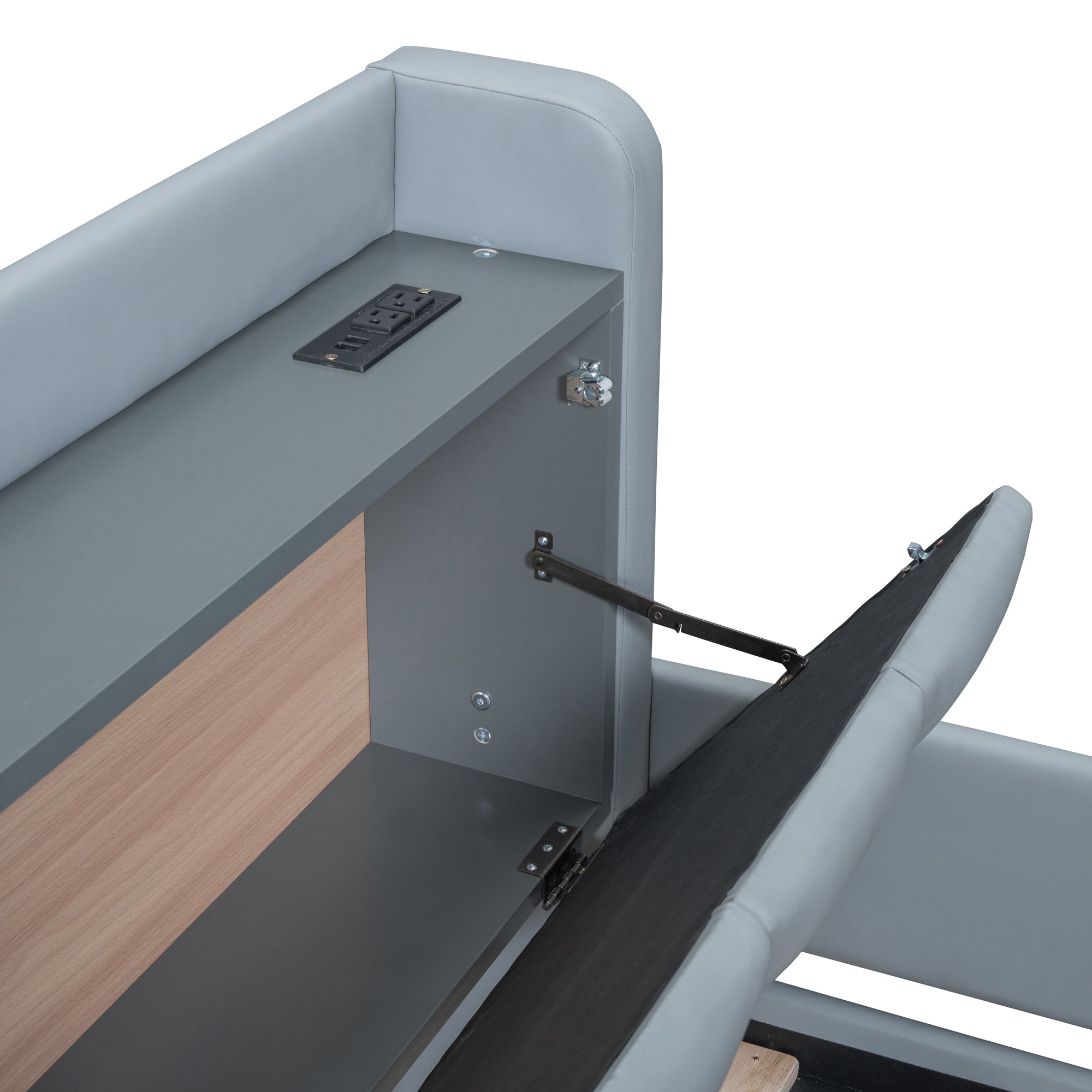 Queen Size & Twin XL Size Upholstered Platform Bed, Mother & Child Bed with Hydraulic Storage System, Drawer Box, Bedhead storage shelf and Two pairs of sockets & USB Ports, PU Leather, Gray - Atlantic Fine Furniture Melbourne FL