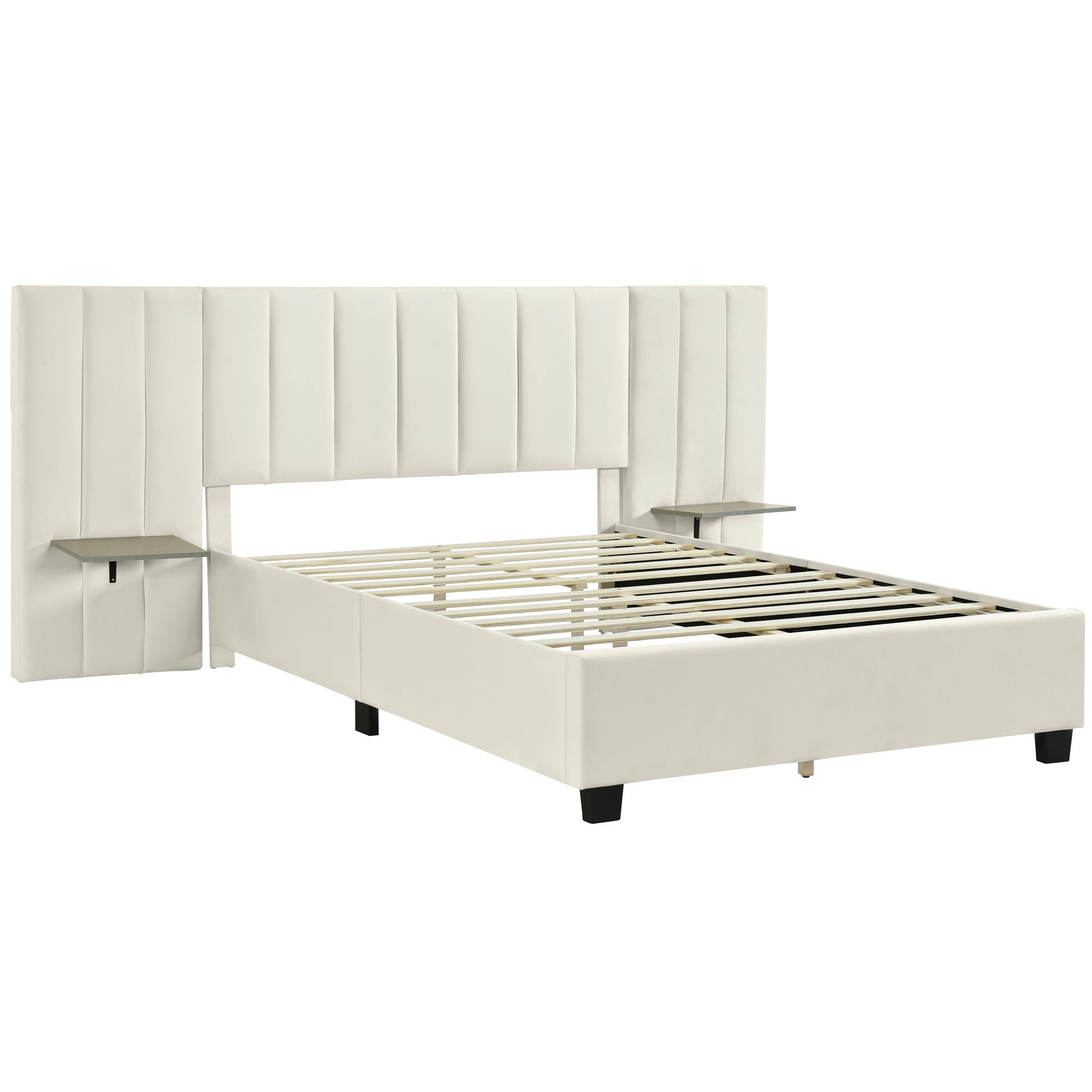 Queen Size Upholstered Platform Bed with Big Headboard, Bedroom Furniture, Velvet, Beige - Atlantic Fine Furniture Melbourne FL