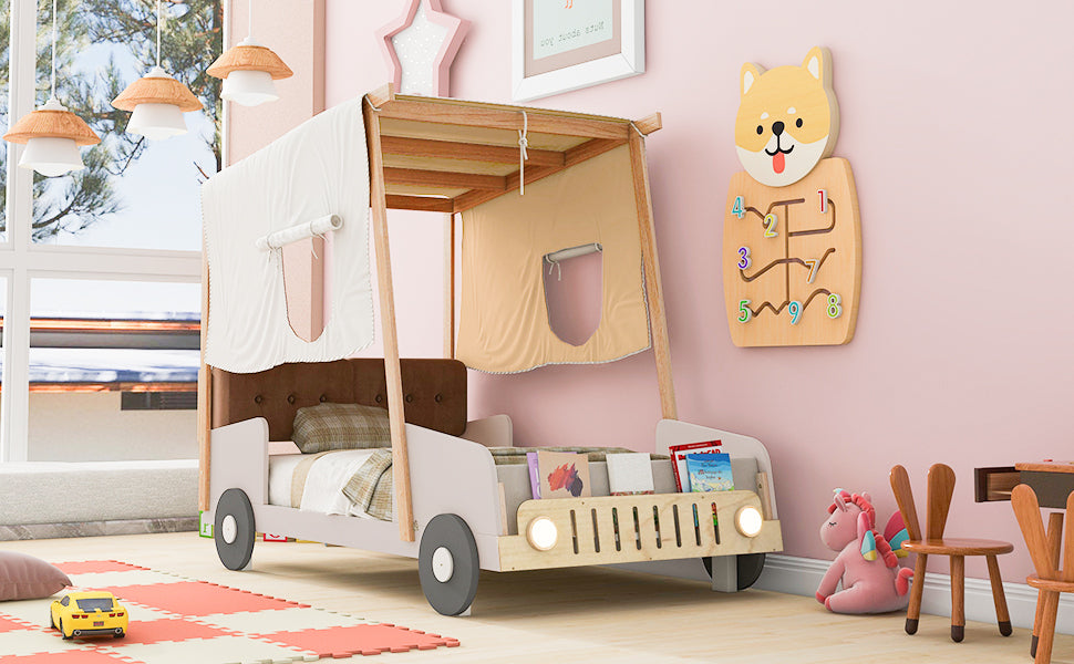 Wood Twin Size Car Bed with Pillow, Ceiling Cloth and LED, Natural - Atlantic Fine Furniture Melbourne FL