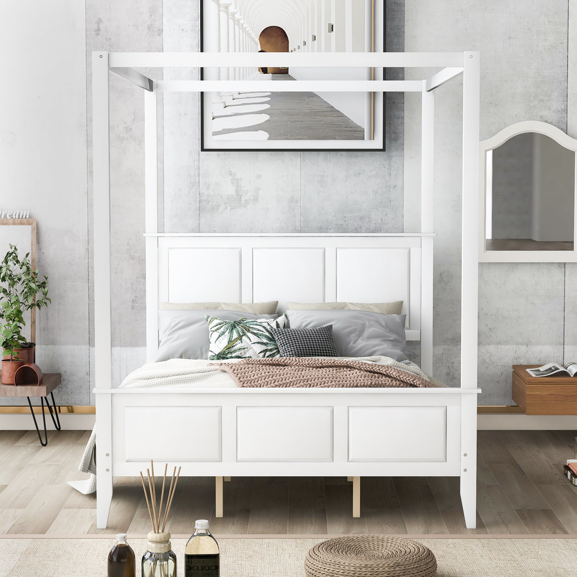 Queen Size Canopy Platform Bed with Headboard and Footboard,Slat Support Leg,White - Atlantic Fine Furniture Melbourne FL