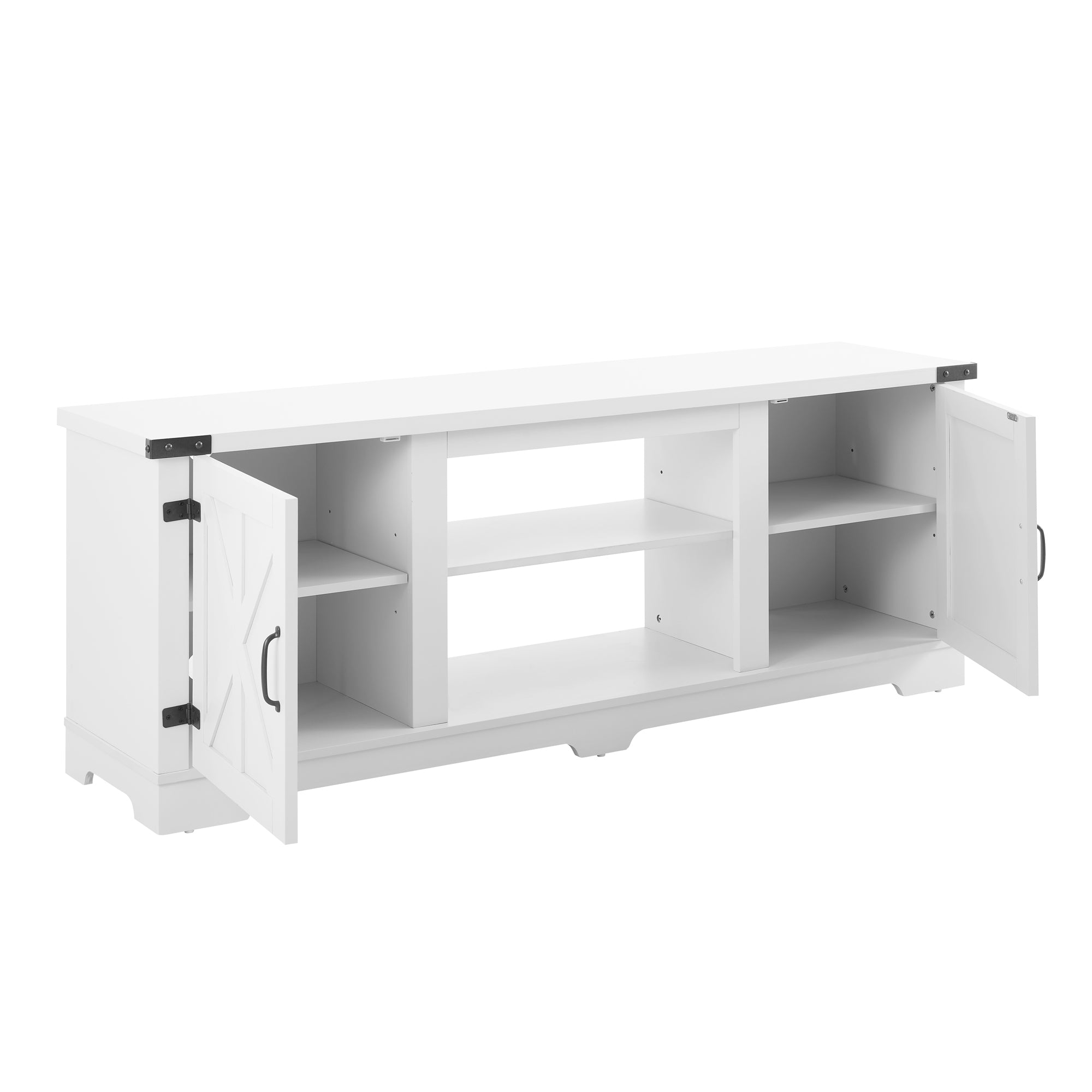 Modern Farmhouse TV Media Stand, Large Barn Inspired Home Entertainment Console, for TV Up to 70'', with Open Shelves and Closed Cabinets, White, 64.8"W*15.67"D*24.29"H
