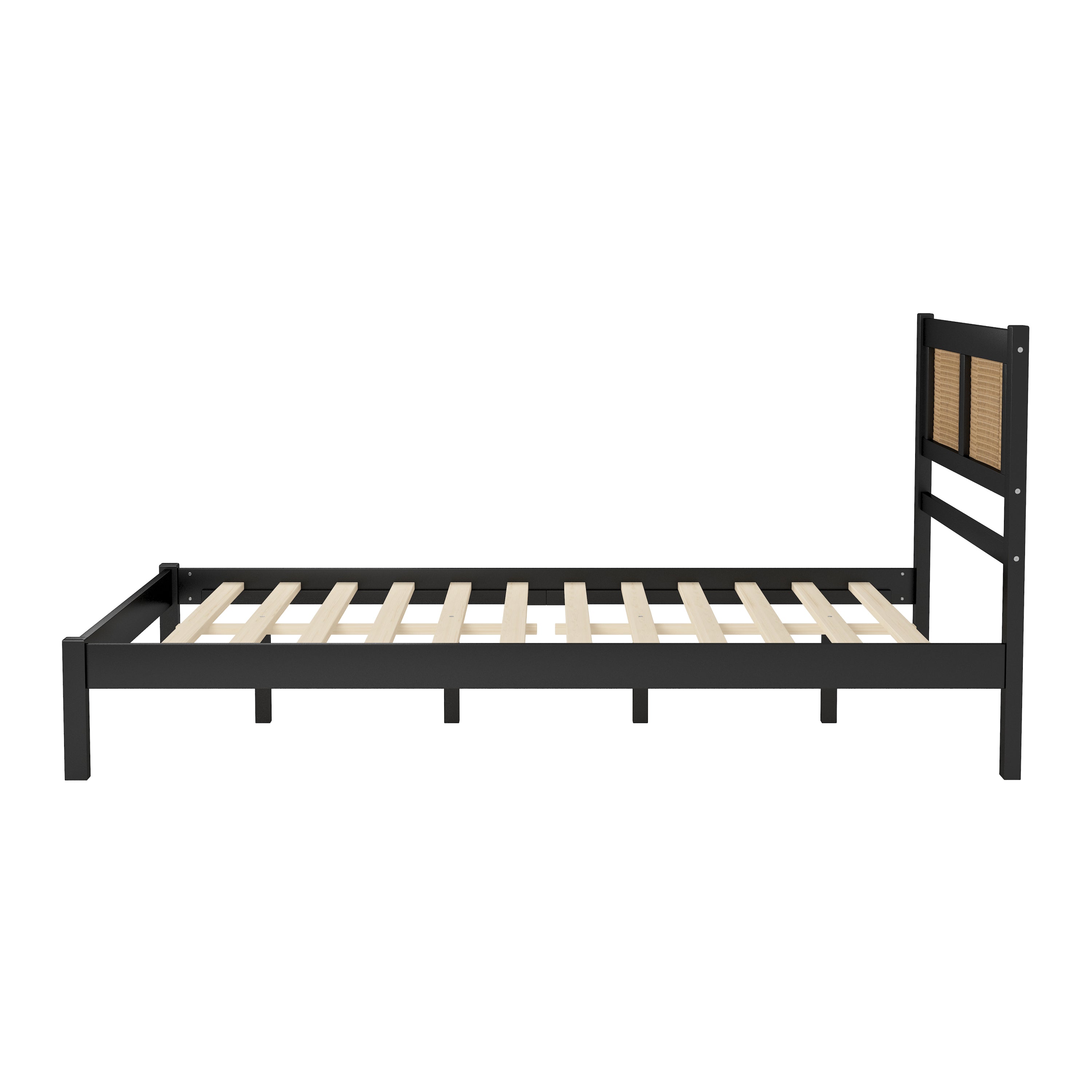 Queen Size Wooden Platform Bed with Natural Rattan Headboard, Exquisite Elegance with Minimalist Charm for Bedroom, Black - Atlantic Fine Furniture Melbourne FL