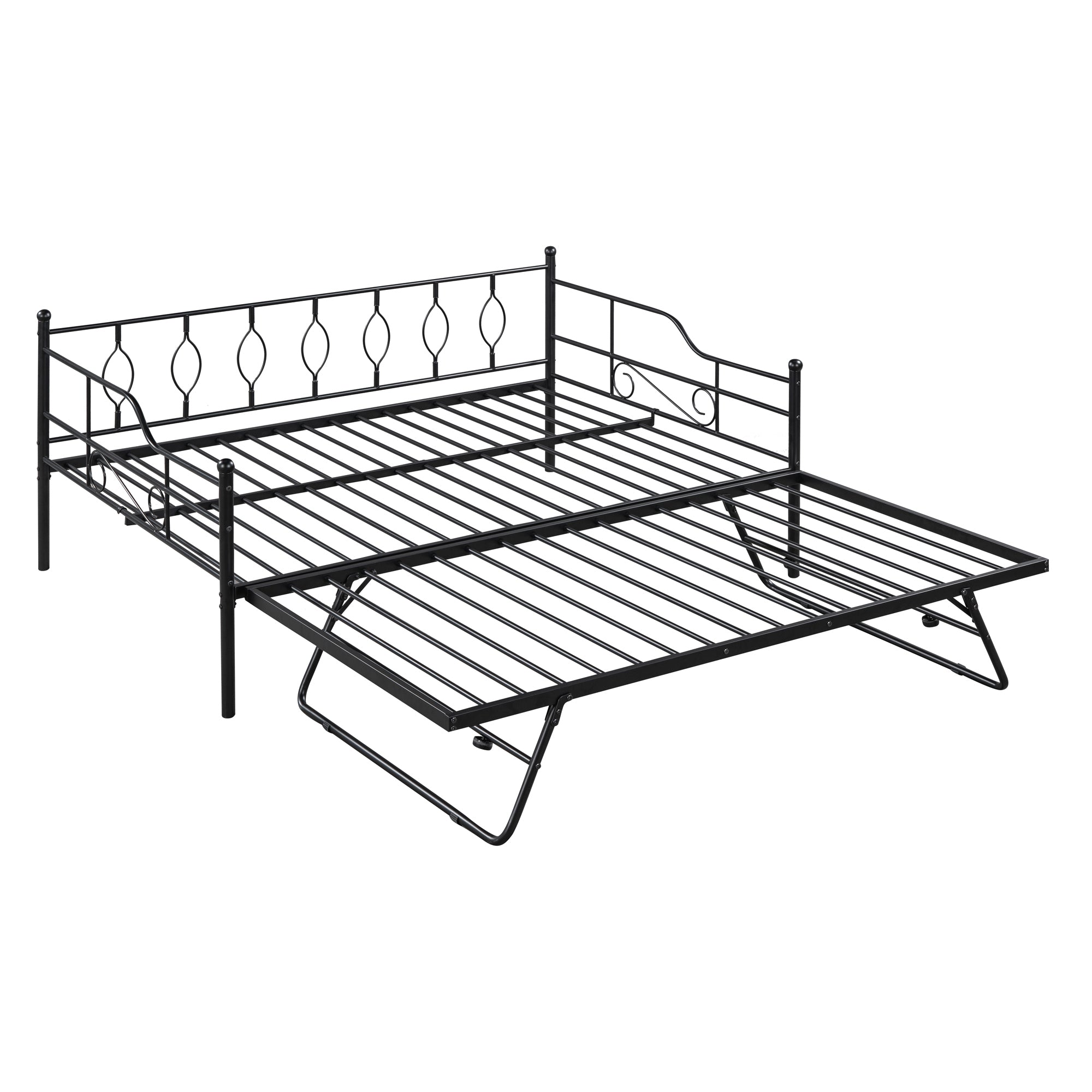 Full Size Metal Daybed with Twin Size Adjustable Trundle, Portable Folding Trundle, Black(OLD SKU:MF293730AAB)