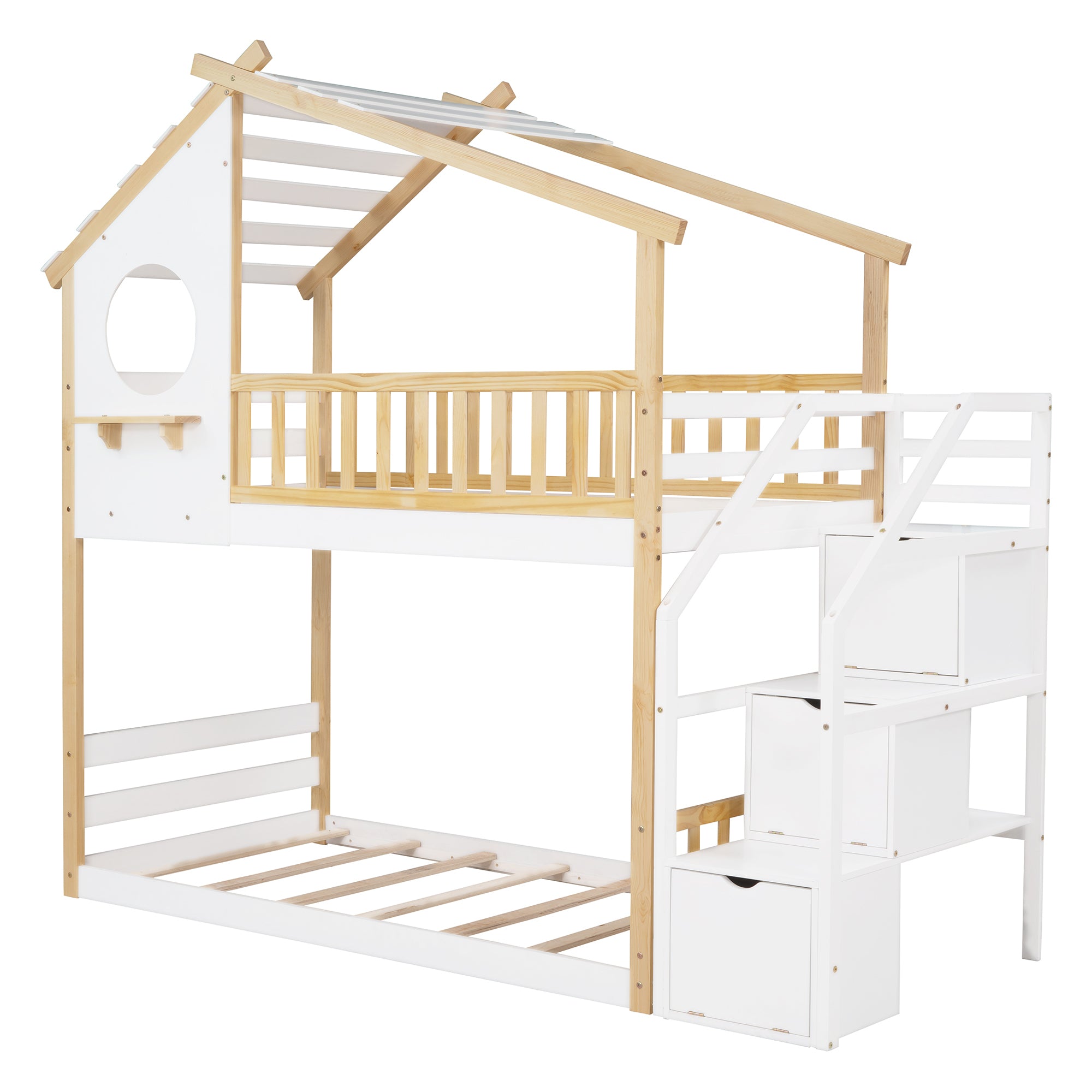 Stairway Twin-Over-Twin Bunk Bed,House Bed,Storage and Guard Rail,Natural Bed +White Stair(OLD SKU :LT000308AAK) - Atlantic Fine Furniture Melbourne FL