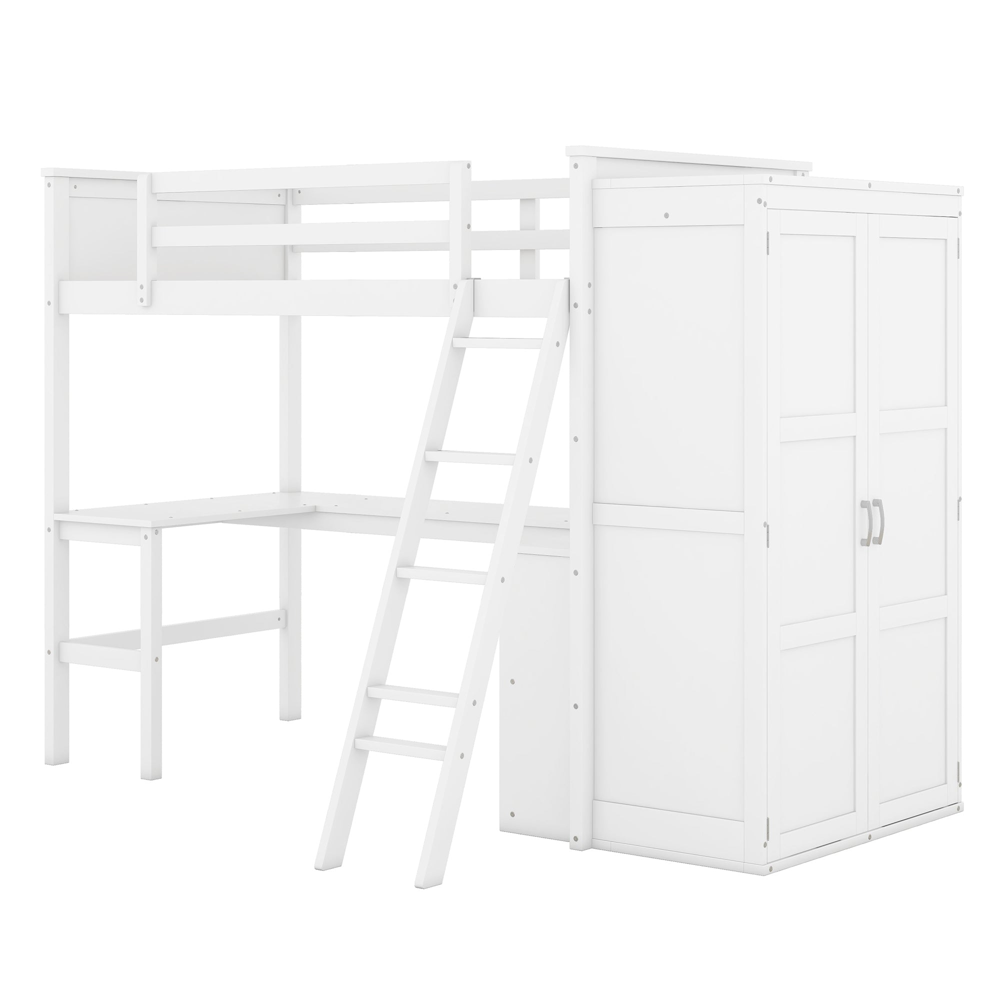 Twin size Loft Bed with Desk, Shelves and Wardrobe-White - Atlantic Fine Furniture Melbourne FL