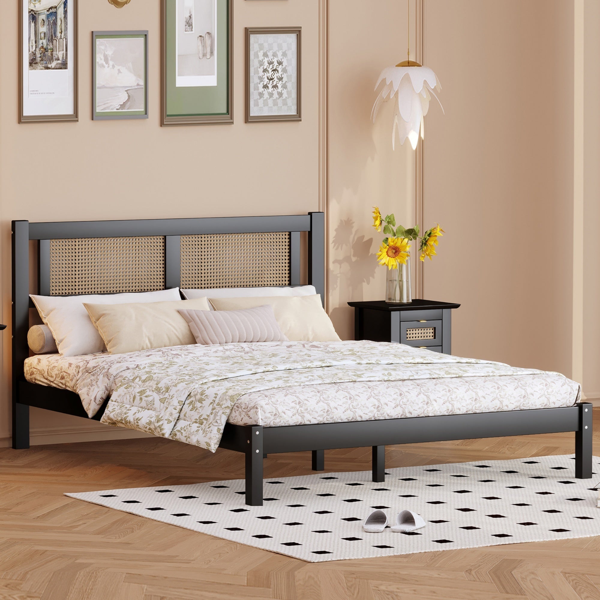 Full Size Wooden Platform Bed with Natural Rattan Headboard, Exquisite Elegance with Minimalist Charm for Bedroom, Black - Atlantic Fine Furniture Melbourne FL