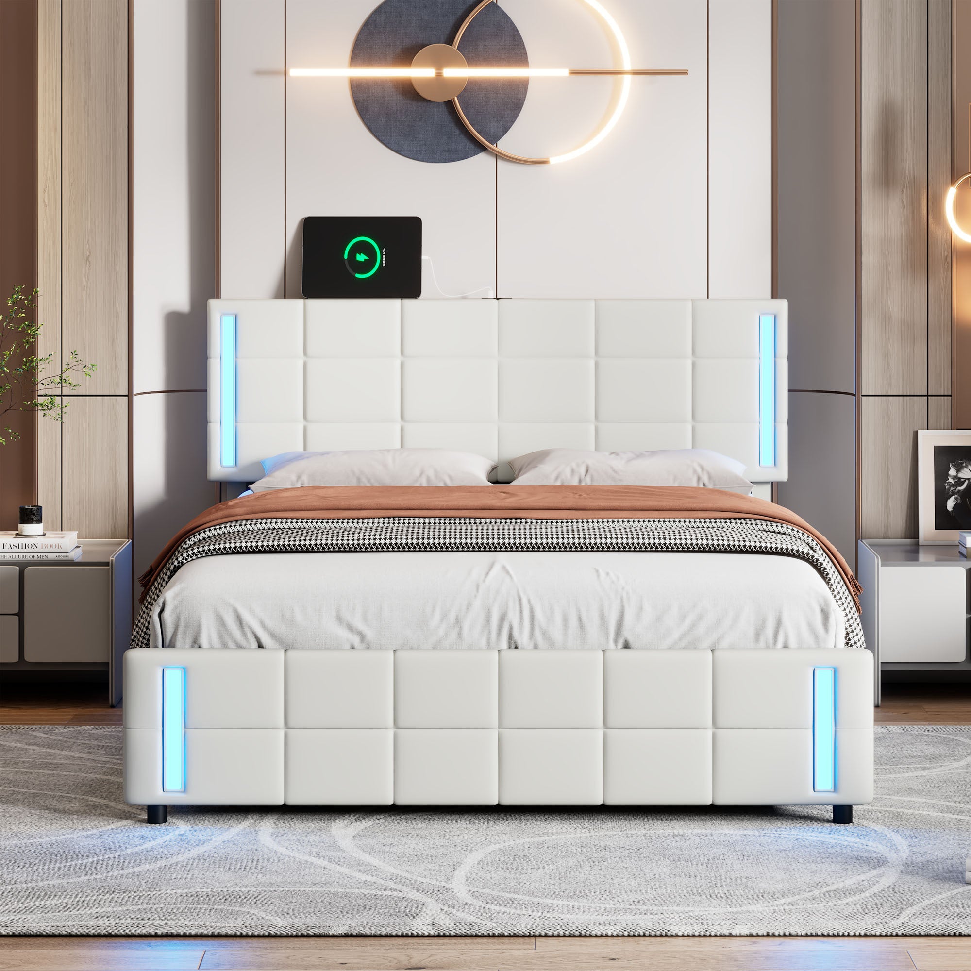 Queen Size Upholstered Platform Bed with LED Lights and USB Charging, Storage Bed with 4 Drawers, White - Atlantic Fine Furniture Melbourne FL