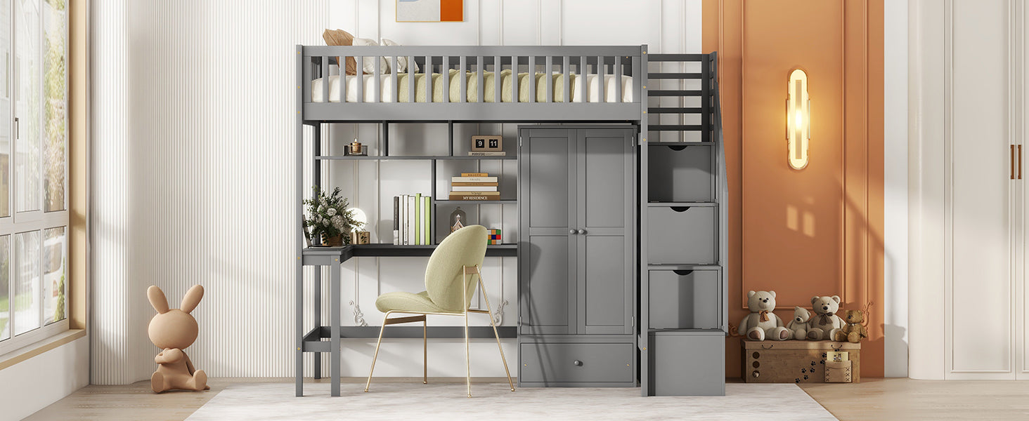 Twin size Loft Bed with Bookshelf,Drawers,Desk,and Wardrobe-Gray - Atlantic Fine Furniture Melbourne FL