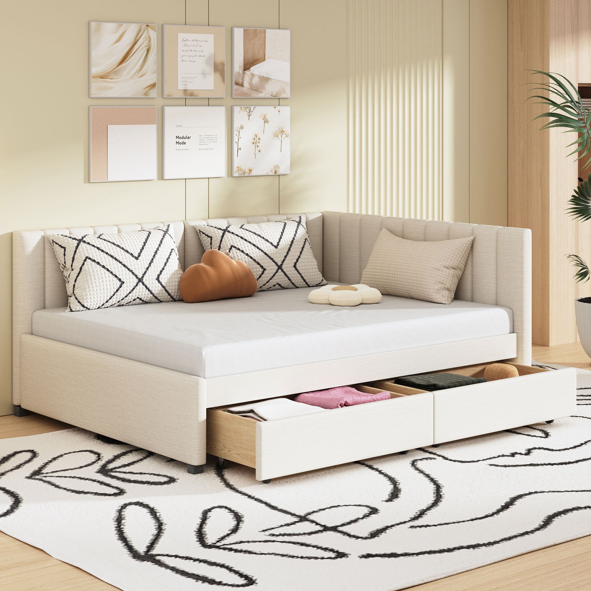 Full Size Upholstered Daybed with 2 Storage Drawers Sofa Bed Frame No Box Spring Needed, Linen Fabric (Beige) - Atlantic Fine Furniture Melbourne FL