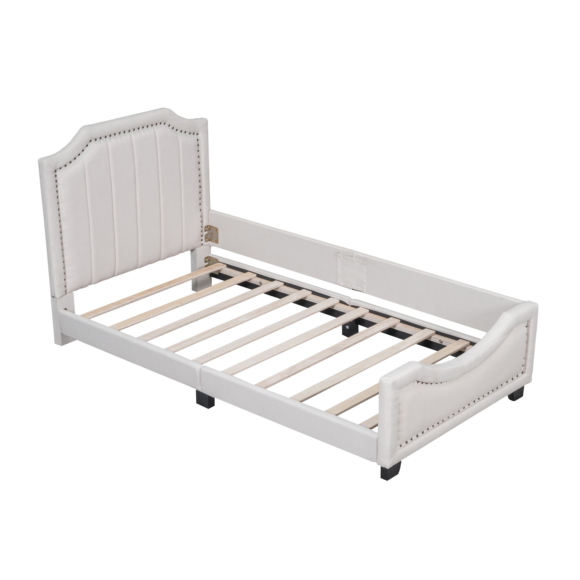 Twin Size Upholstered Platform Bed with Nailhead Trim Decoration and Guardrail, Beige - Atlantic Fine Furniture Melbourne FL