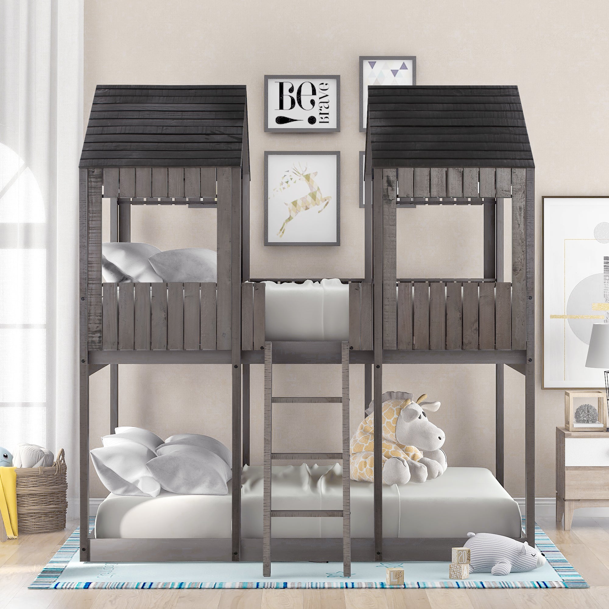Full Over Full WoodBunk Bed with Roof, Window, Guardrail, Ladder(Antique Gray)( old sku: LT000031AAE ) - Atlantic Fine Furniture Melbourne FL