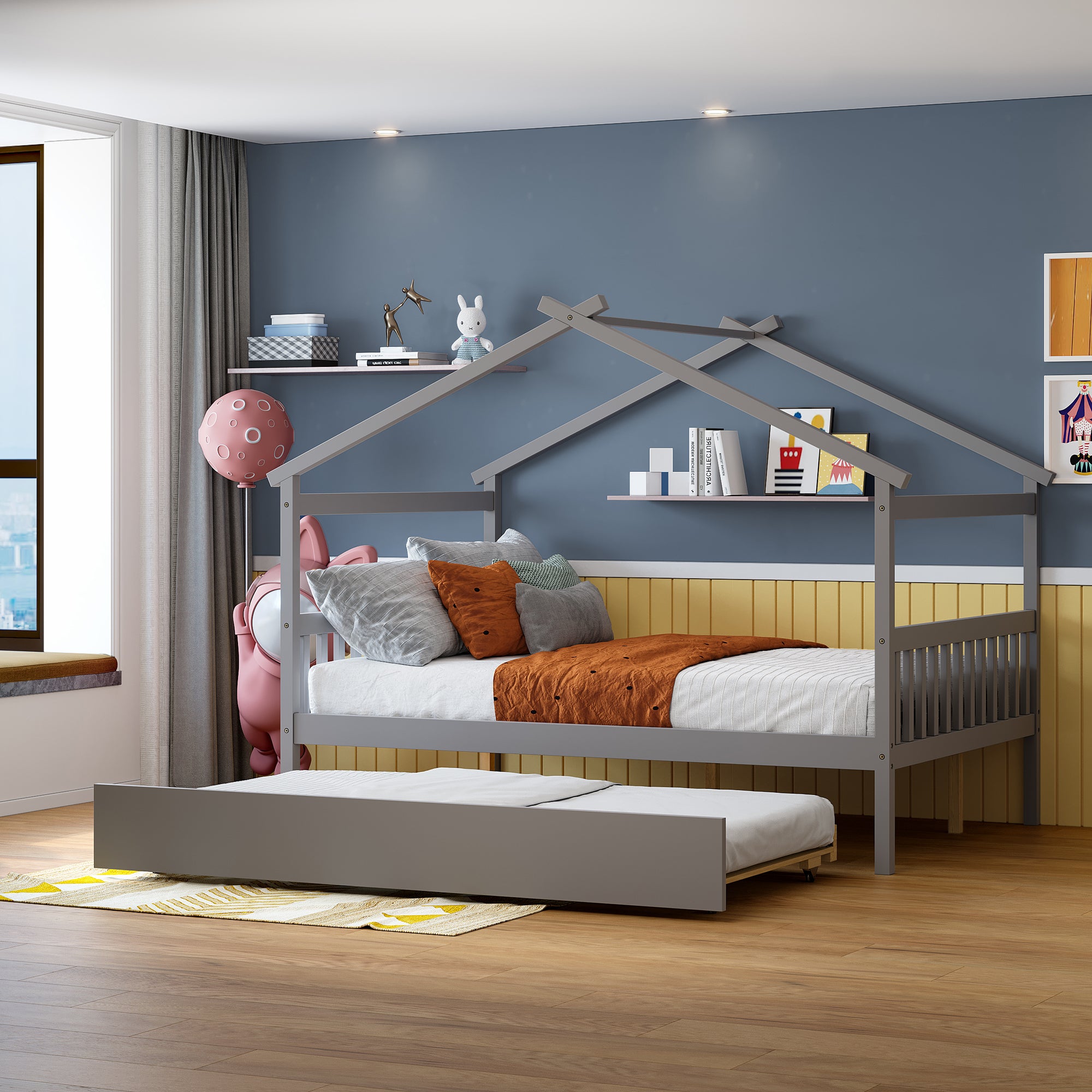 Full Size Wooden House Bed with Twin Size Trundle, Gray - Atlantic Fine Furniture Melbourne FL