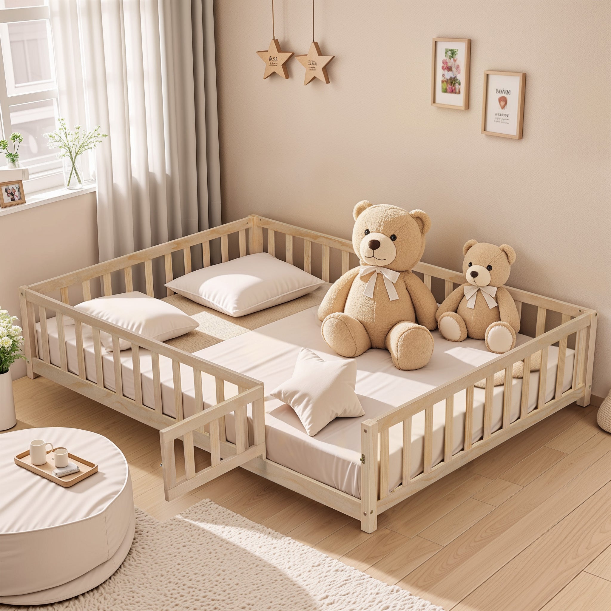 Full Size Floor Platform Bed with Fence and Door for Kids, Montessori Floor Bed Frame with Support Slats for Toddlers, Wooden Floor Bed Natural - Atlantic Fine Furniture Melbourne FL