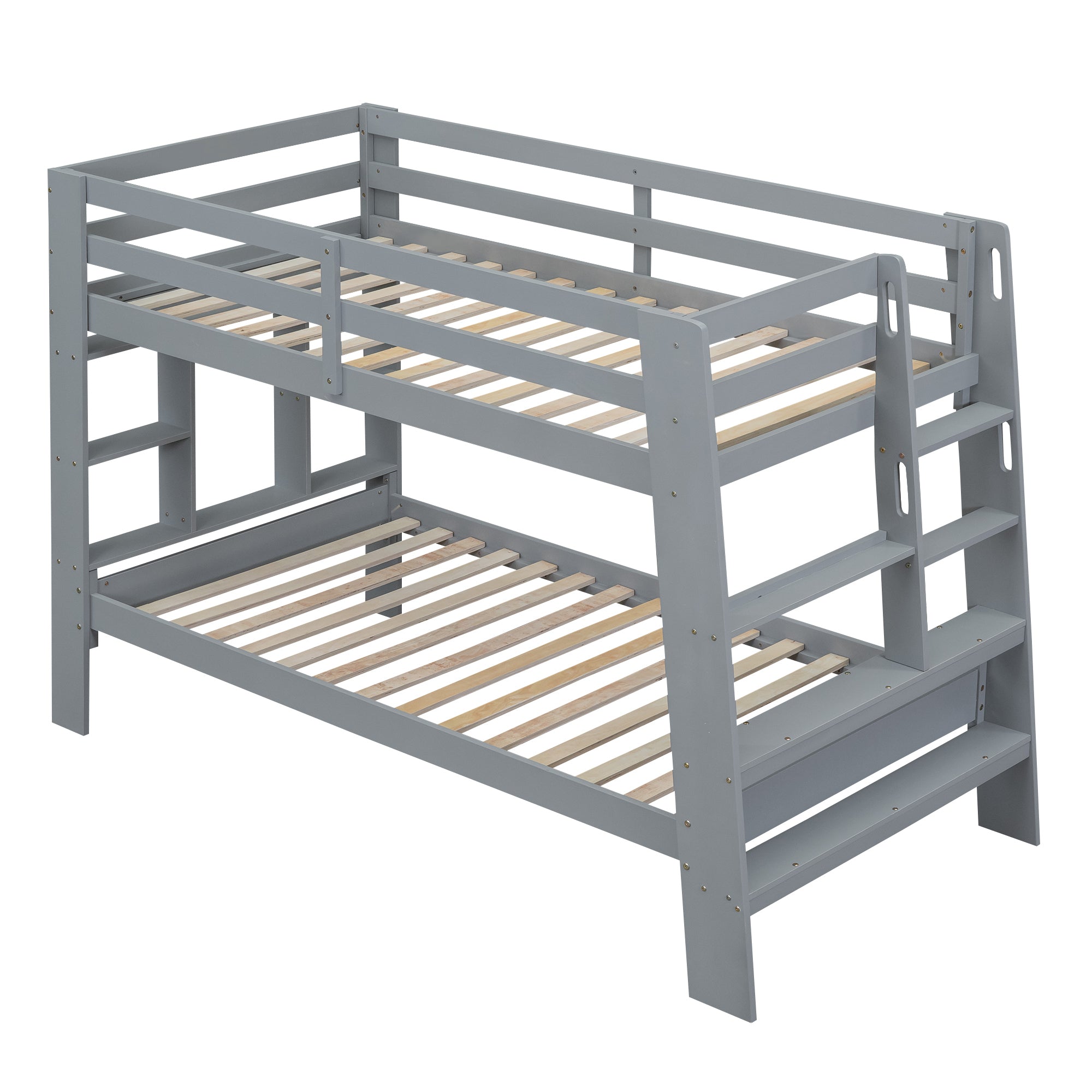 Twin over Twin Bunk Bed with Shelves and Built-in Ladder, Gray - Atlantic Fine Furniture Melbourne FL