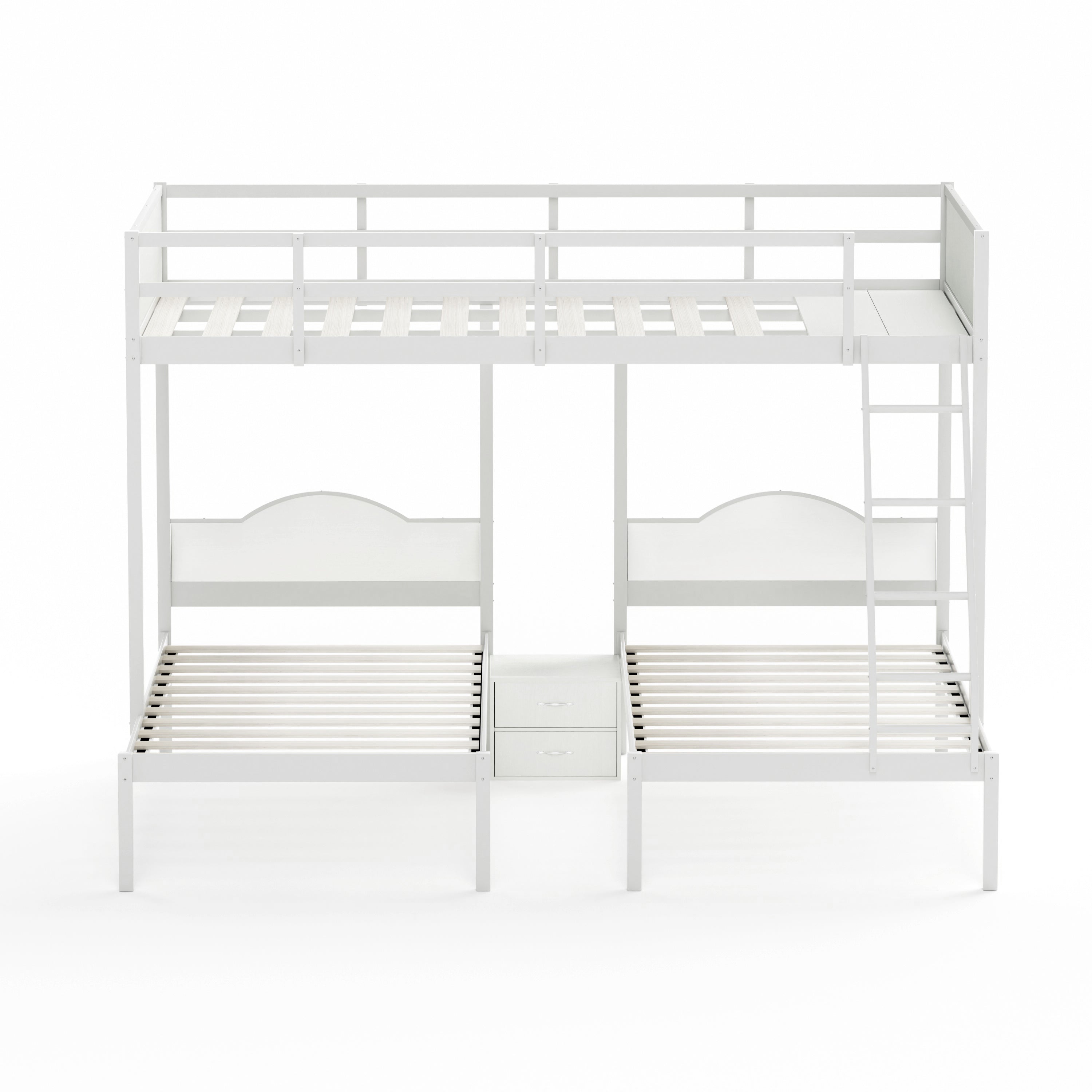 Full Over Twin & Twin Bunk Bed Metal Triple Bed With Nightstand and Guardrails. White, 96.9'' L x 76'' W x 69'' H