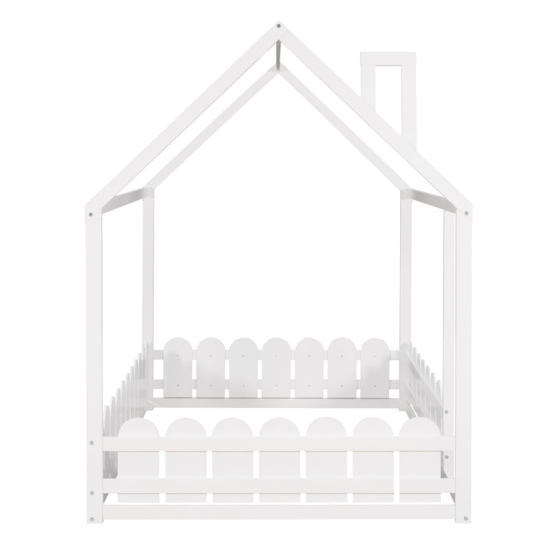 (Slats are not included) Full Size Wood Bed House Bed Frame with Fence,for Kids,Teens,Girls,Boys (White )(OLD SKU:WF281294AAK)
