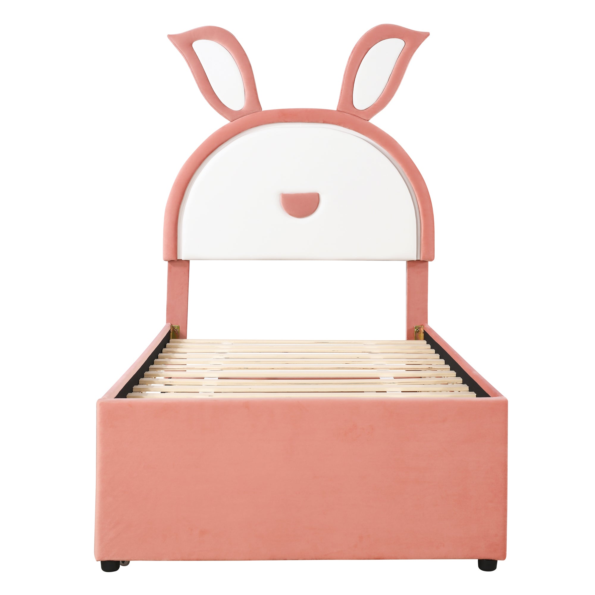 Twin Size Upholstered Platform Bed with Trundle and 3 Drawers, Rabbit-Shaped Headboard with Embedded LED Lights, Pink - Atlantic Fine Furniture Melbourne FL